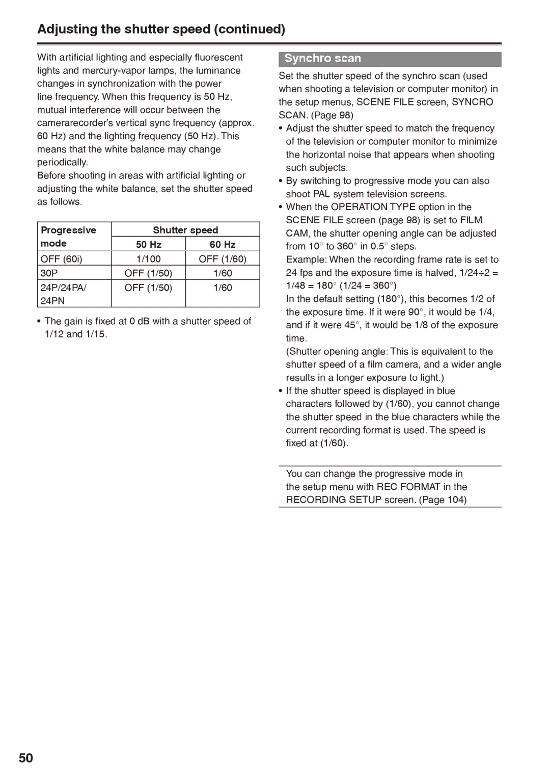 Panasonic AG-HPX170P Adjusting the shutter speed, Synchro scan, Progressive Shutter speed Mode, 60 Hz 