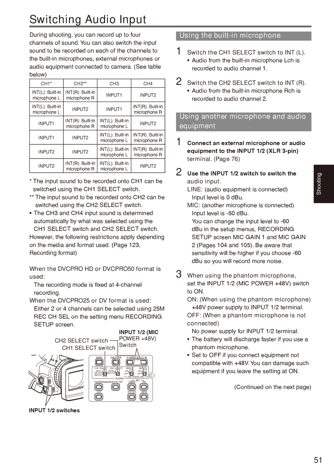 Panasonic AG-HPX170P Switching Audio Input, Using the built-in microphone, Using another microphone and audio equipment 