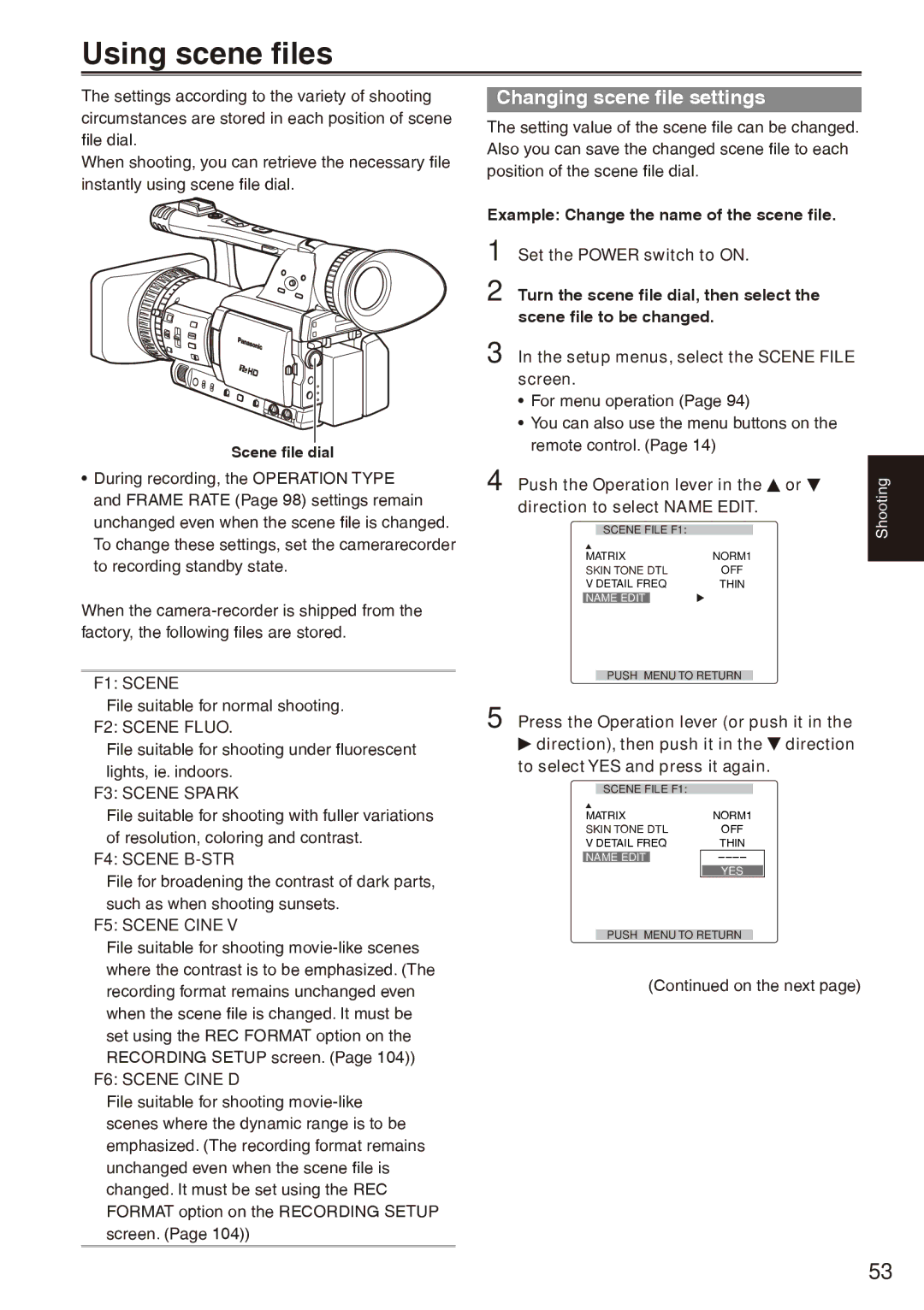 Panasonic AG-HPX170P operating instructions Using scene files, Changing scene file settings 