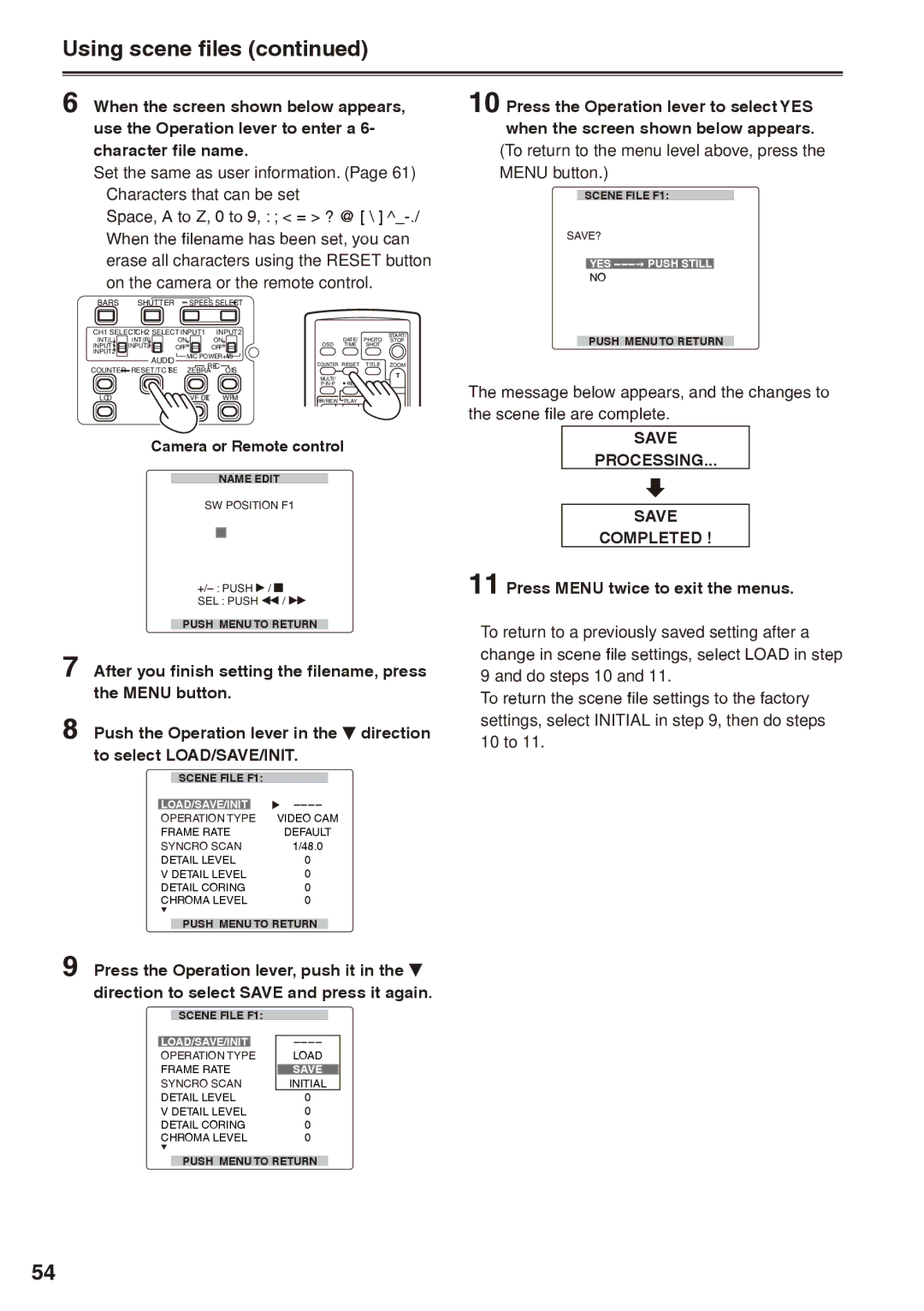 Panasonic AG-HPX170P Using scene files, On the camera or the remote control, Save Processing Completed 