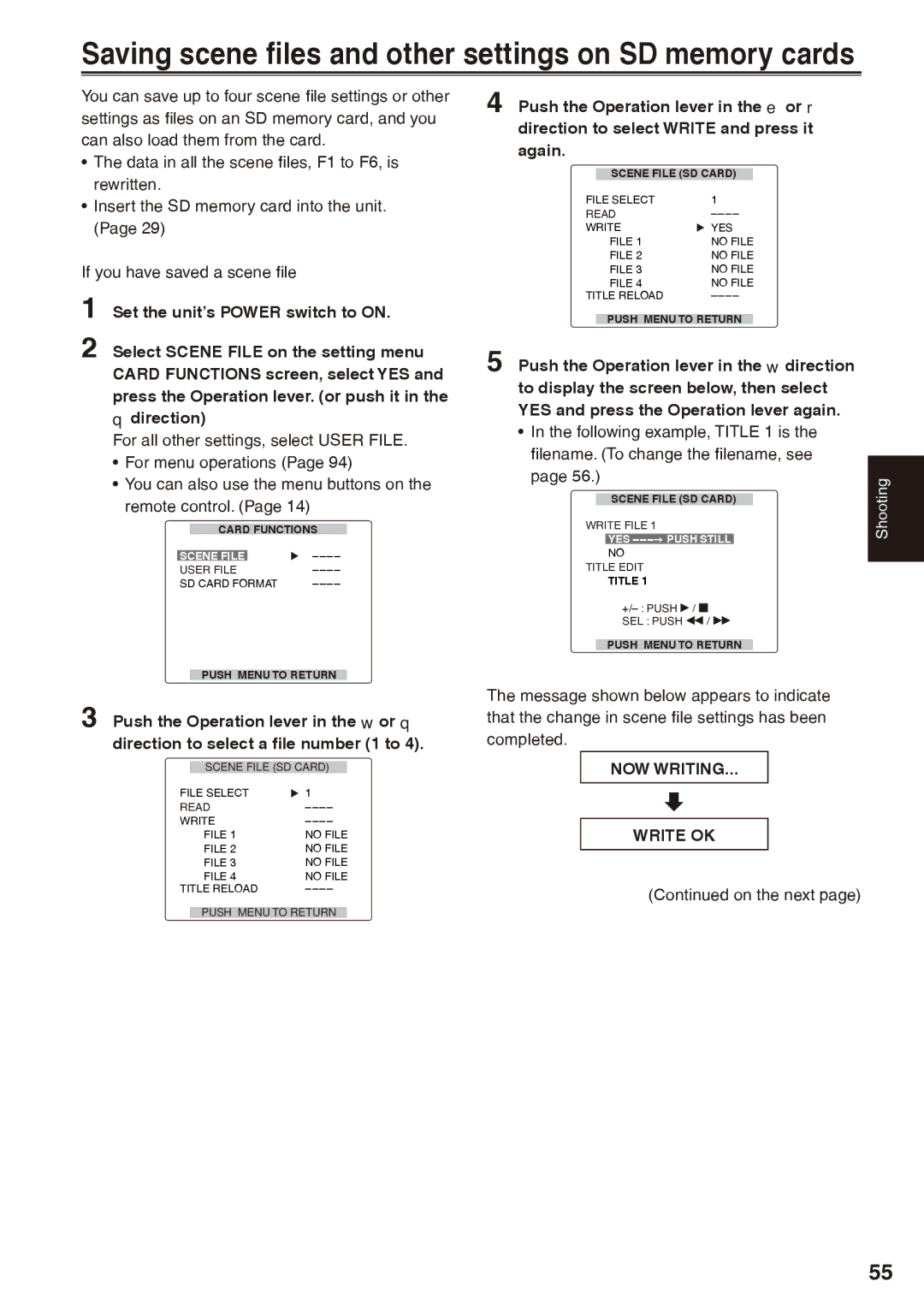 Panasonic AG-HPX170P operating instructions Direction, NOW Writing Write OK 