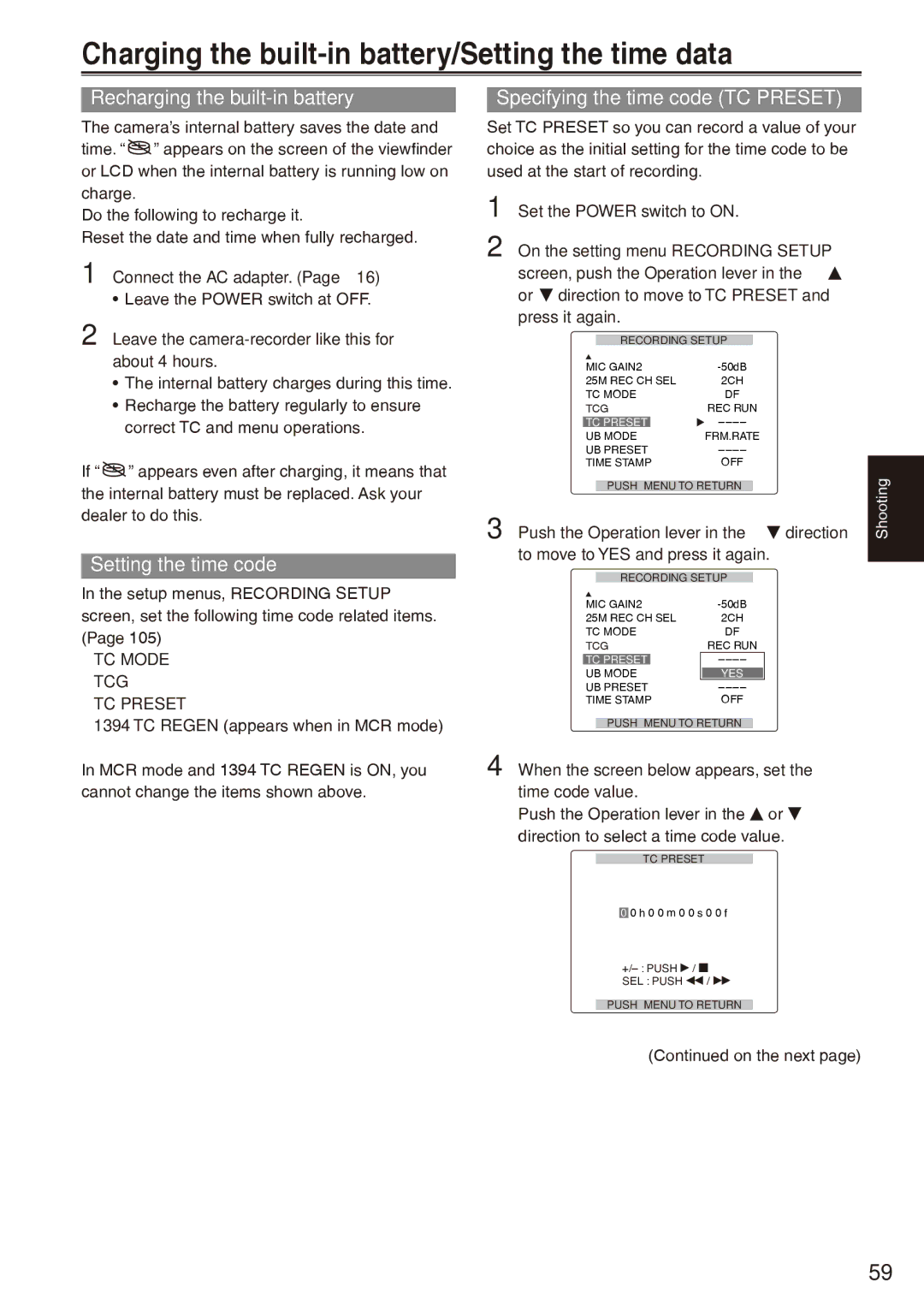 Panasonic AG-HPX170P Charging the built-in battery/Setting the time data, Recharging the built-in battery 