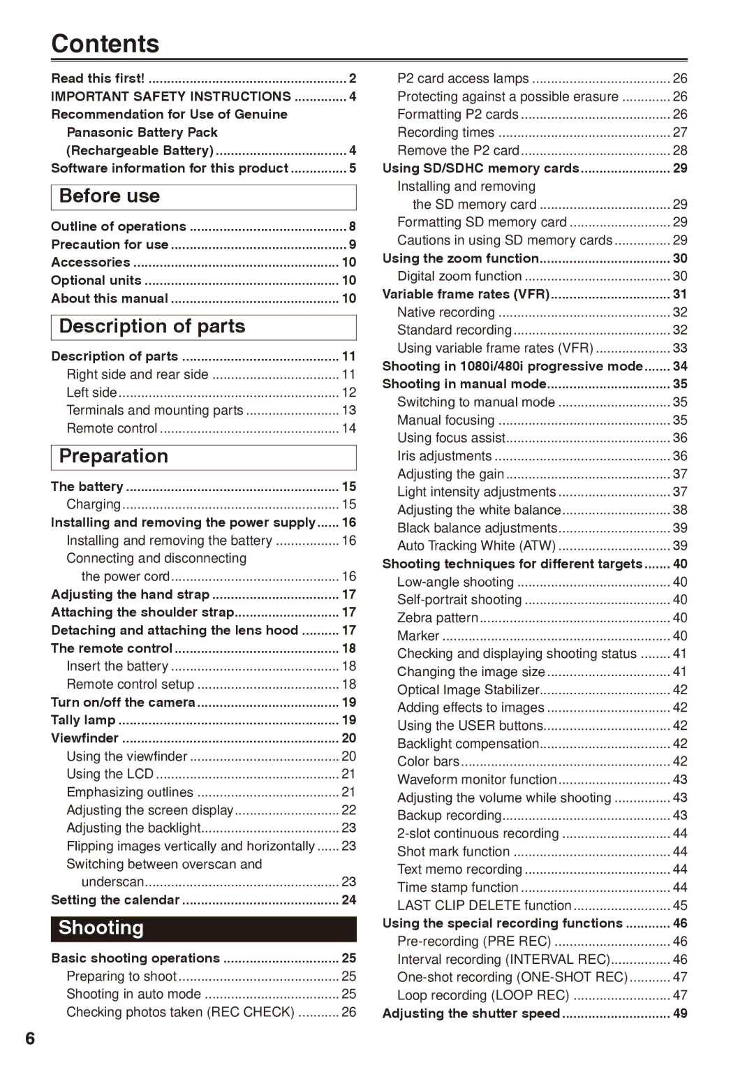 Panasonic AG-HPX170P operating instructions Contents 