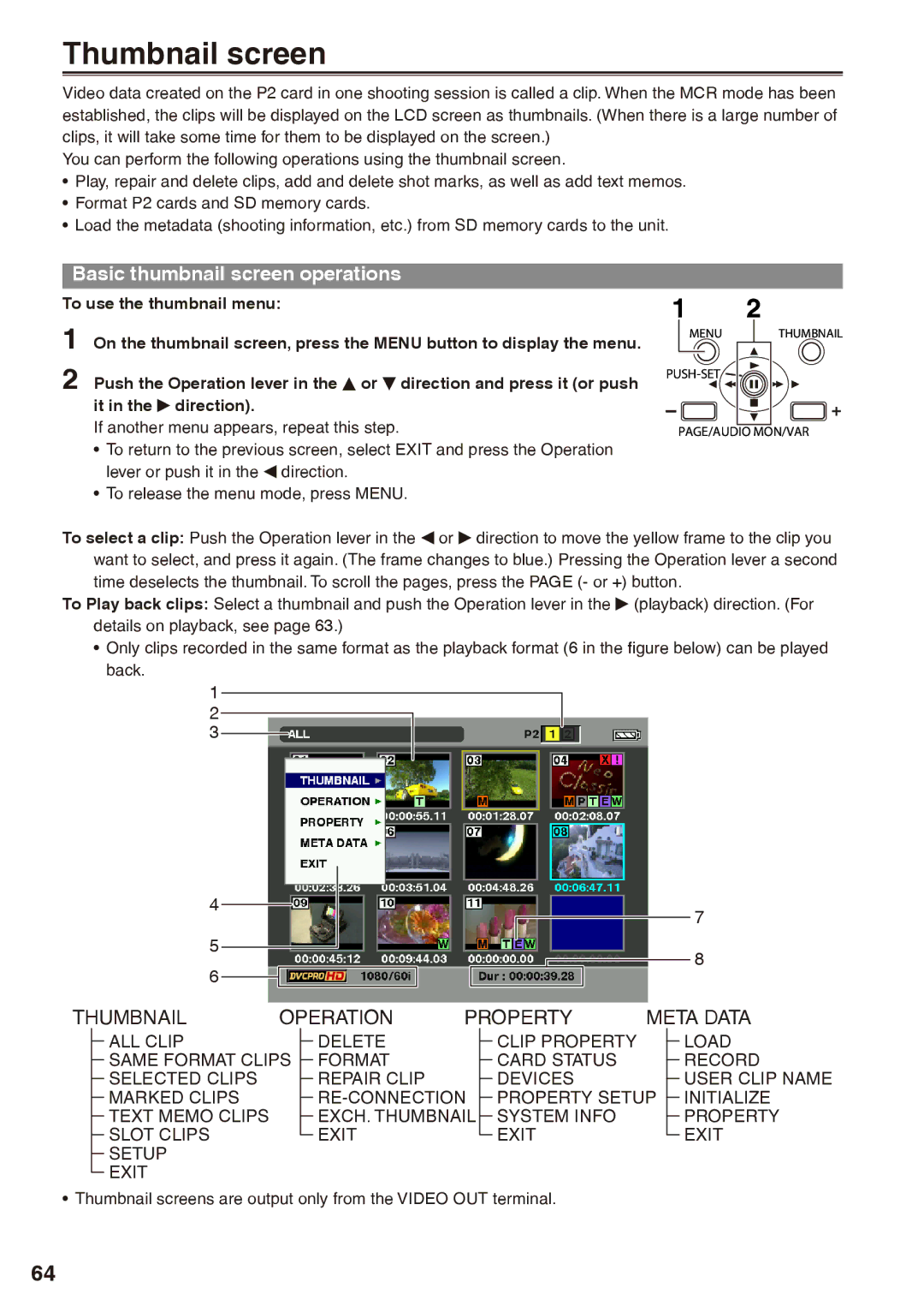 Panasonic AG-HPX170P operating instructions Thumbnail screen, Basic thumbnail screen operations 