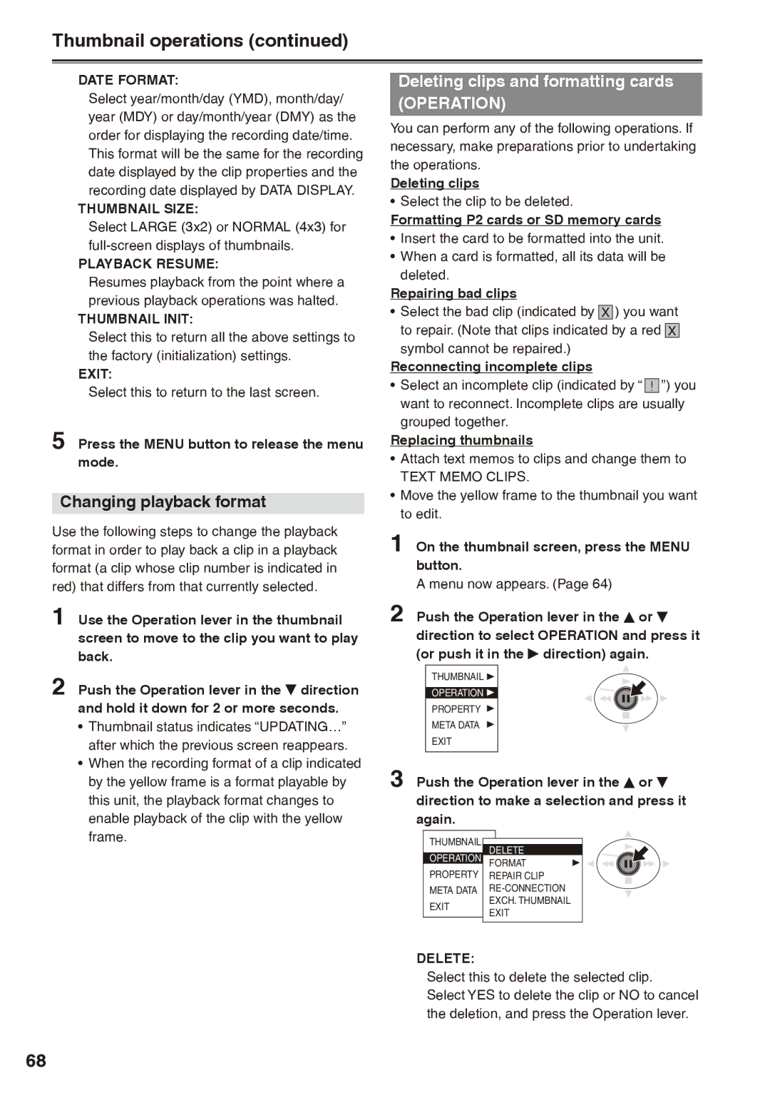 Panasonic AG-HPX170P Thumbnail operations, Changing playback format, Deleting clips and formatting cards 