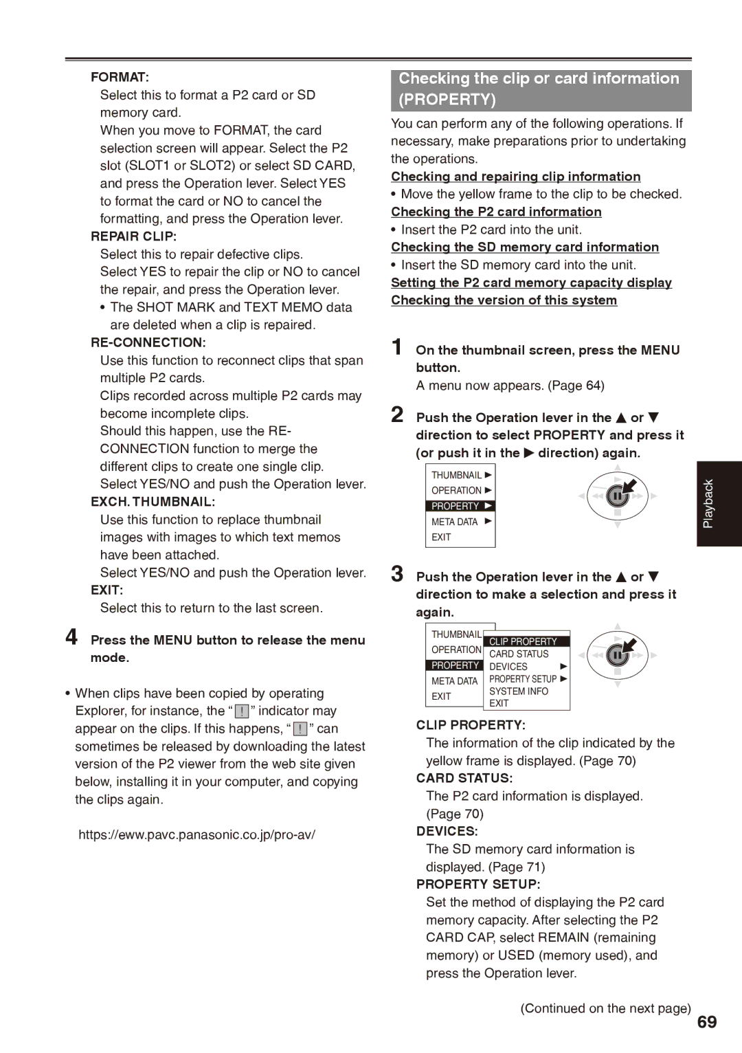 Panasonic AG-HPX170P operating instructions Checking the clip or card information Property 