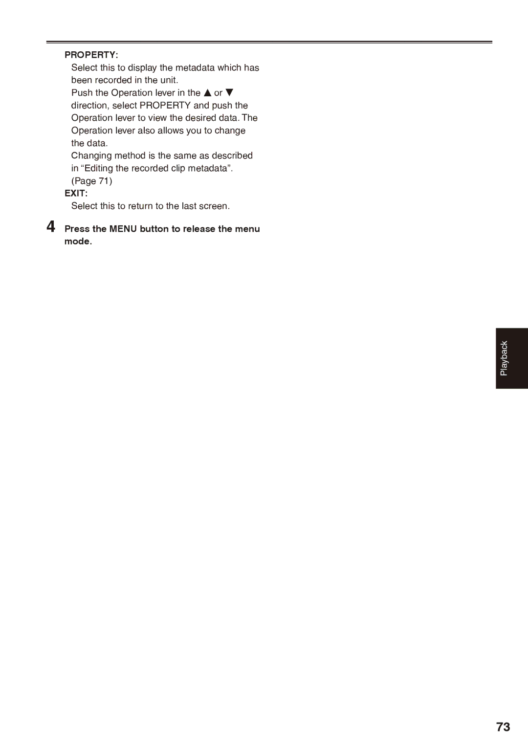 Panasonic AG-HPX170P operating instructions Property, Exit 