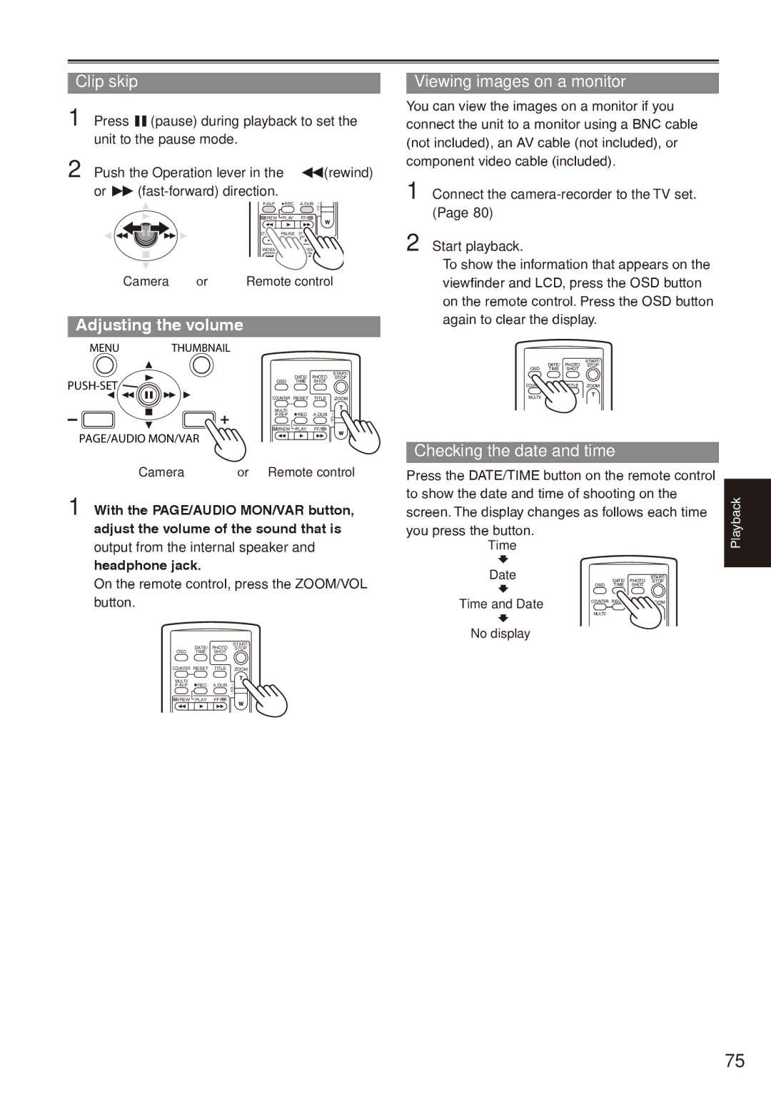 Panasonic AG-HPX170P Clip skip, Adjusting the volume, Viewing images on a monitor, Checking the date and time 