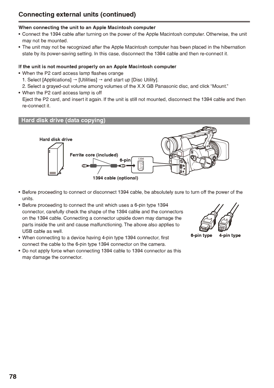 Panasonic AG-HPX170P operating instructions Connecting external units, Hard disk drive data copying, USB cable as well 