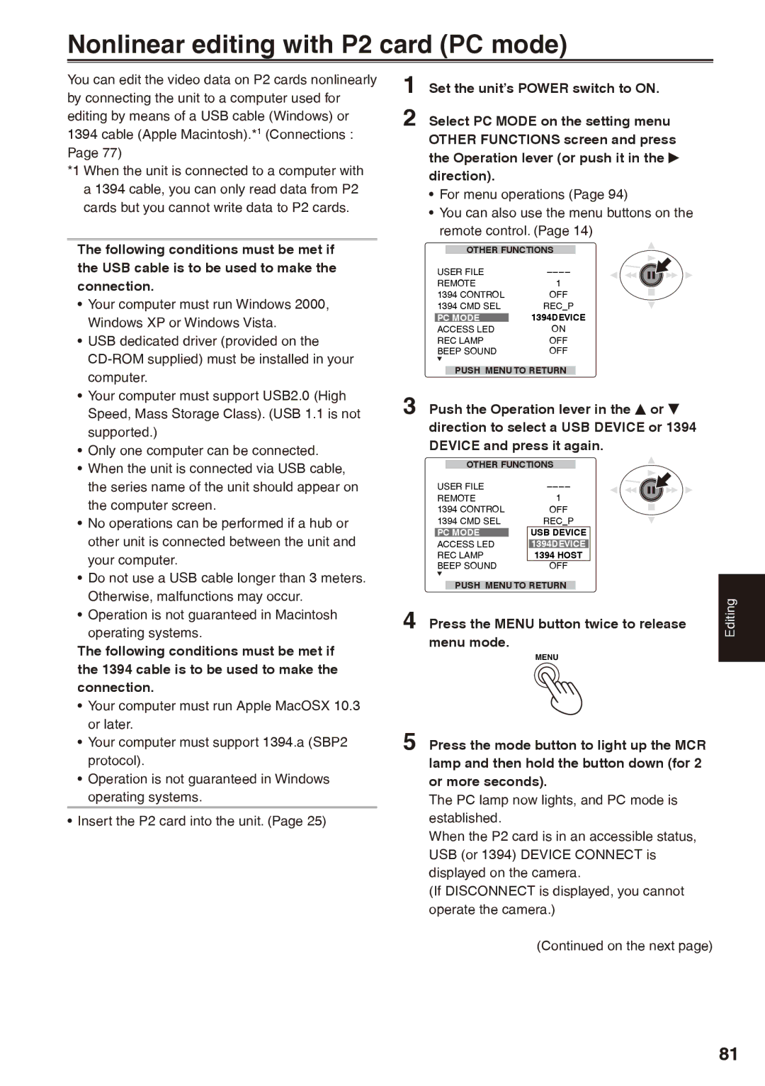 Panasonic AG-HPX170P operating instructions Nonlinear editing with P2 card PC mode, Cable Apple Macintosh.*1 Connections 