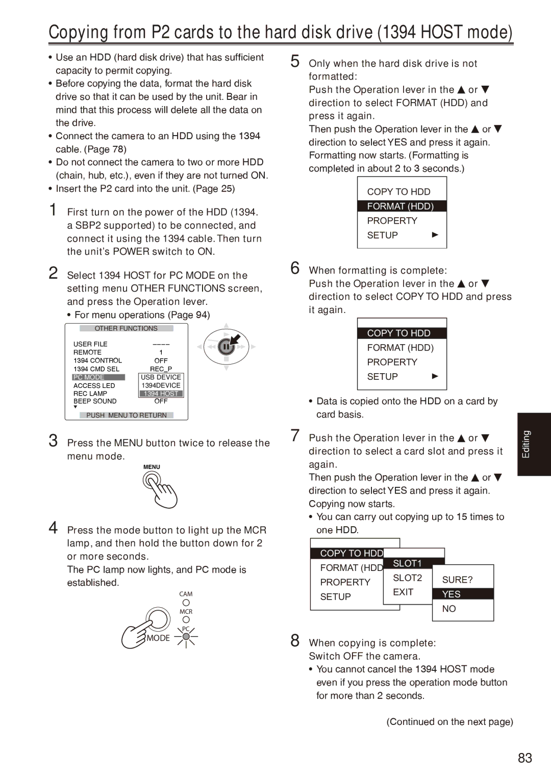 Panasonic AG-HPX170P Press the Menu button twice to release the menu mode, PC lamp now lights, and PC mode is established 