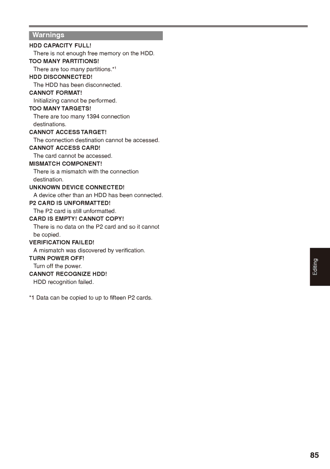 Panasonic AG-HPX170P HDD Capacity Full, HDD Disconnected, Cannot Format, TOO Many Targets, Cannot Access Target 