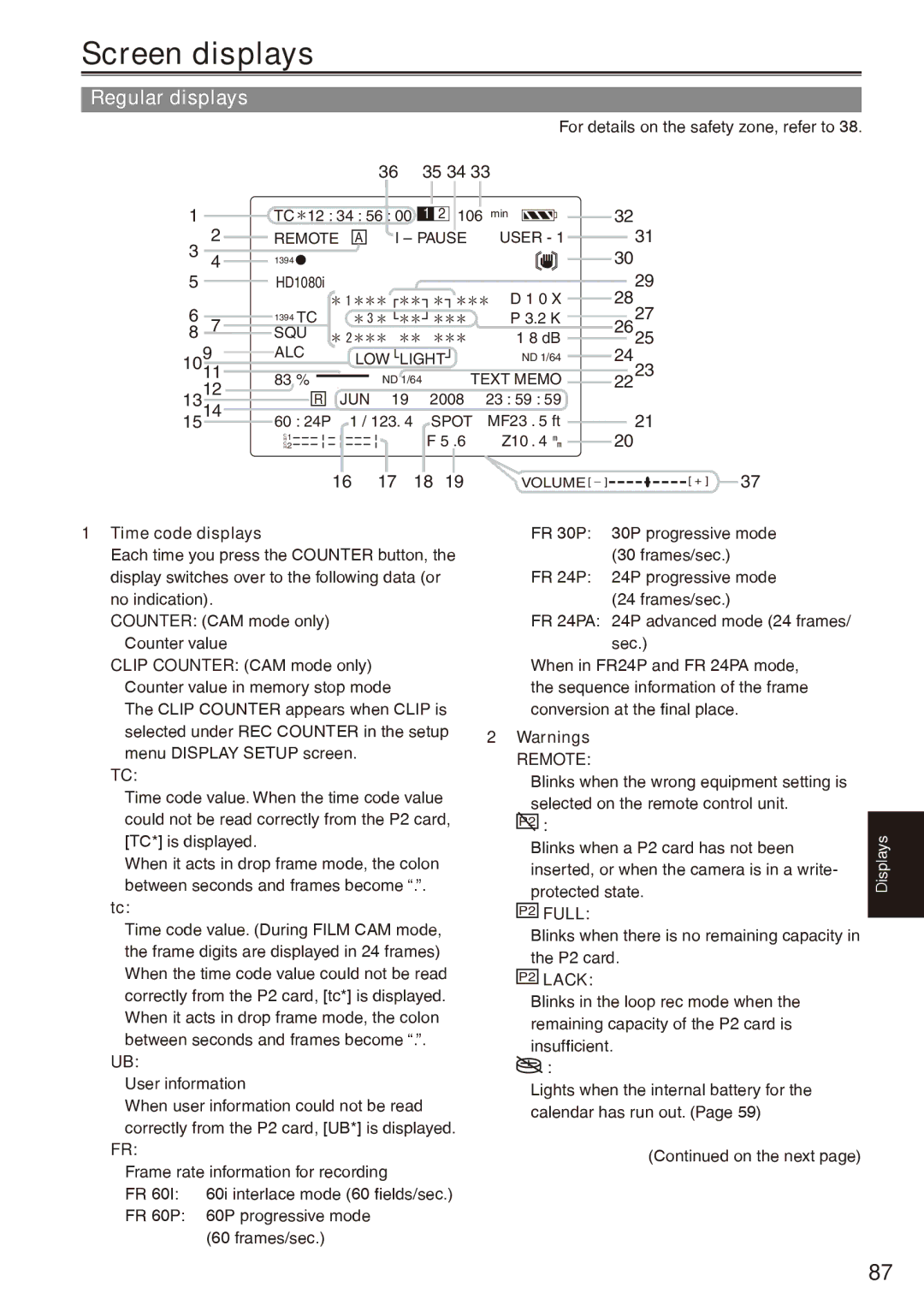 Panasonic AG-HPX170P operating instructions Screen displays, Regular displays, Remote, P2 Full, P2 Lack 