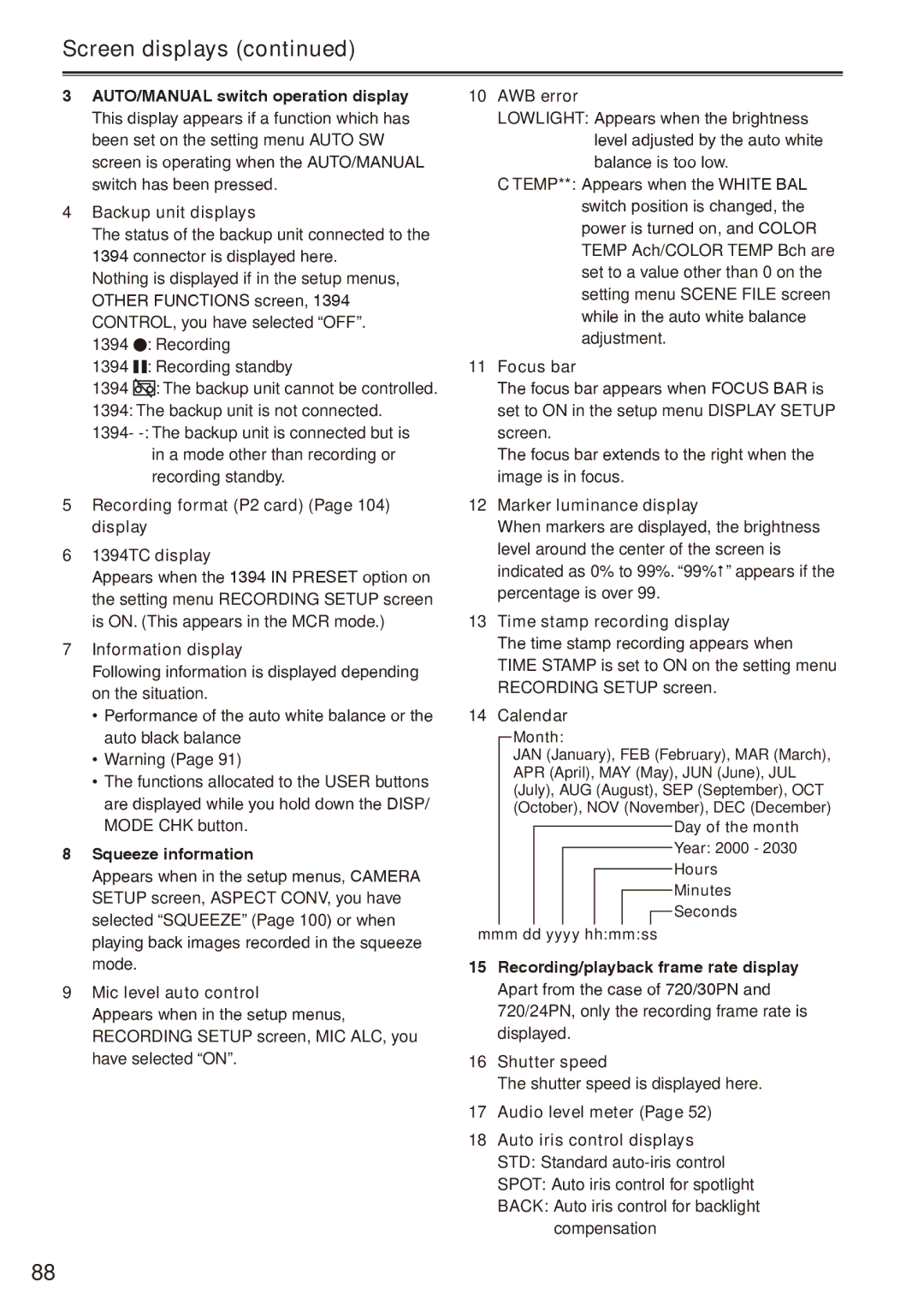 Panasonic AG-HPX170P operating instructions Screen displays 