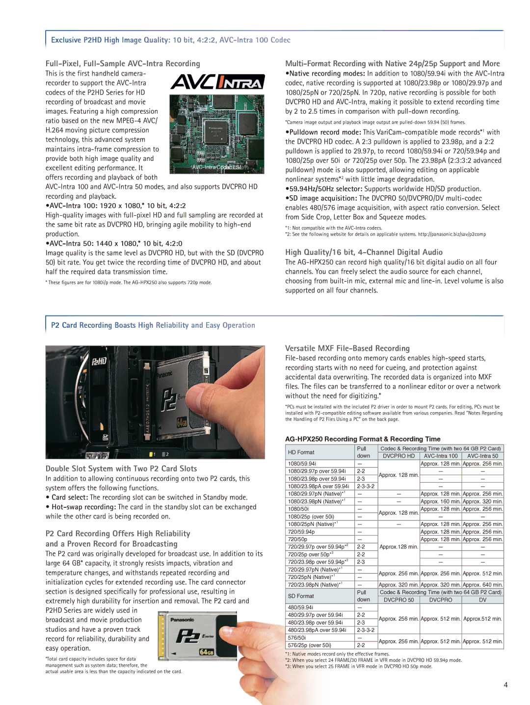 Panasonic AG-HPX250 manual Full-Pixel, Full-Sample AVC-Intra Recording, High Quality/16 bit, 4-Channel Digital Audio 