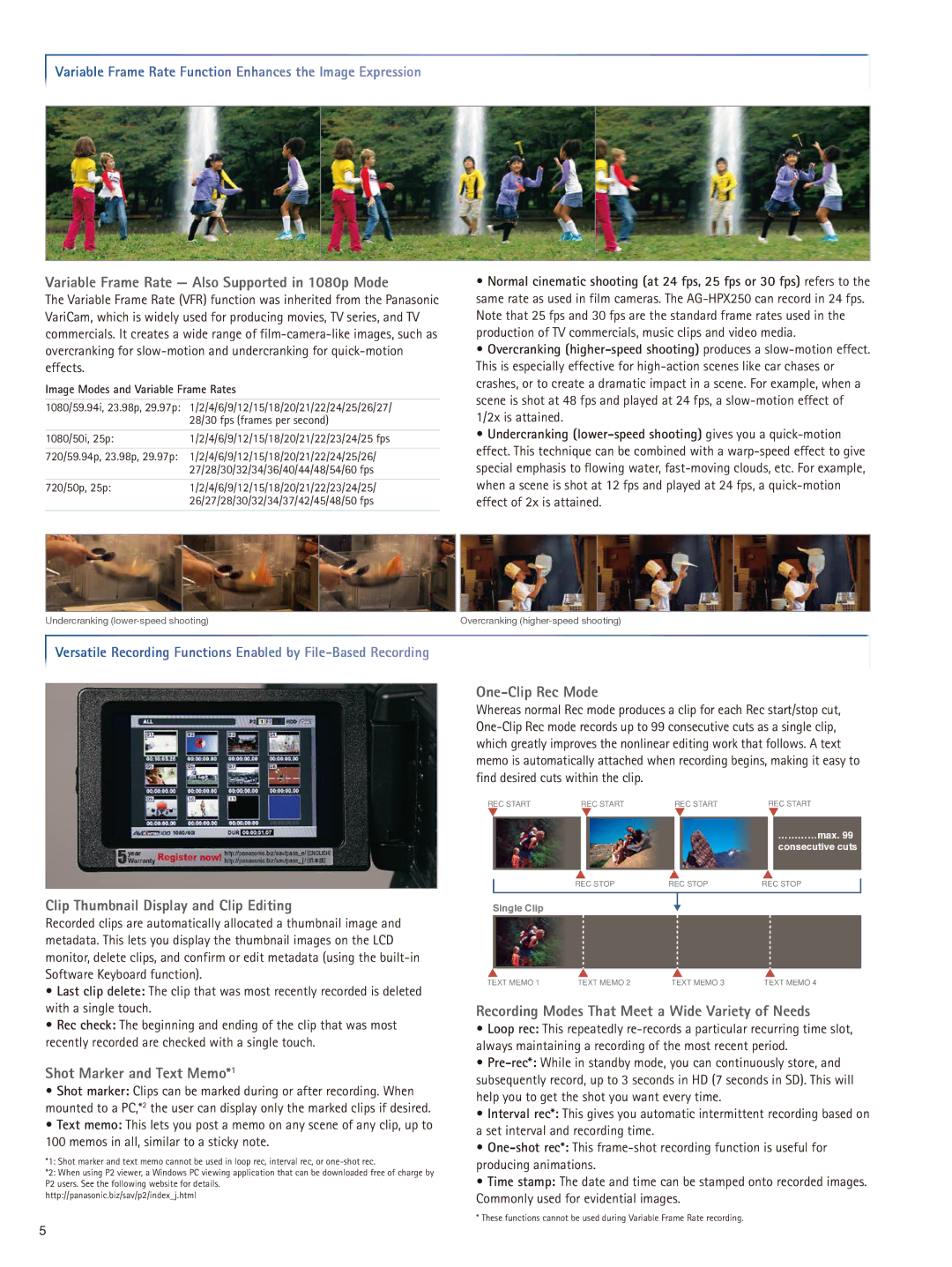 Panasonic AG-HPX250 manual Variable Frame Rate Also Supported in 1080p Mode, Clip Thumbnail Display and Clip Editing 