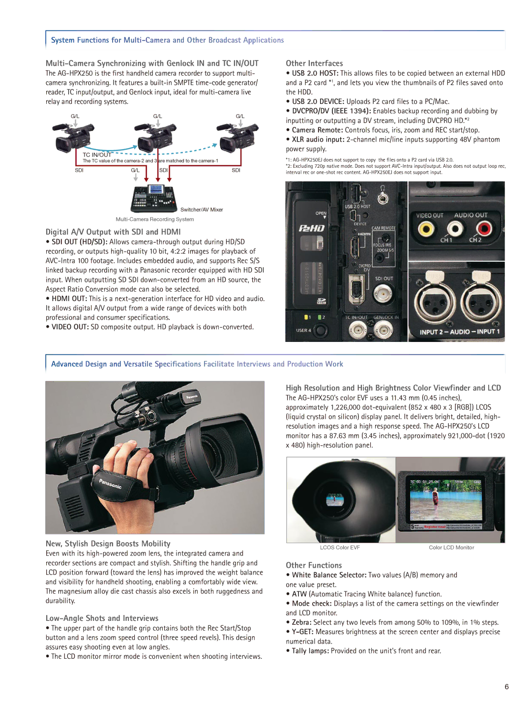 Panasonic AG-HPX250 manual Digital A/V Output with SDI and Hdmi, Other Interfaces, New, Stylish Design Boosts Mobility 