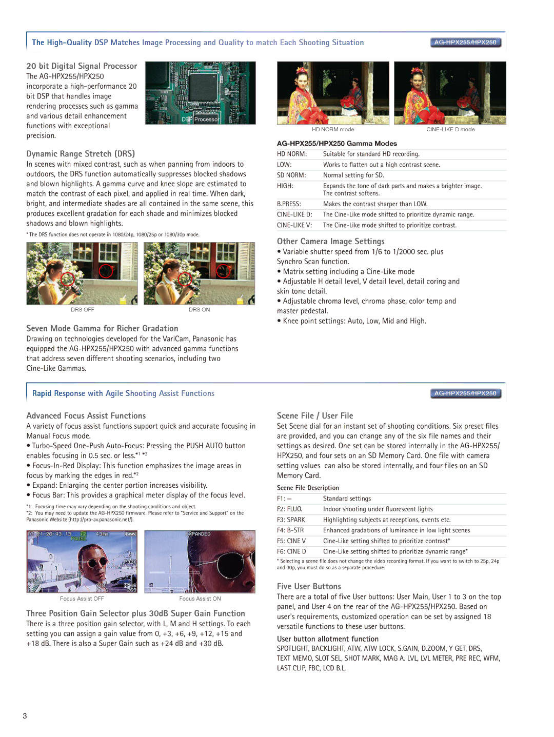 Panasonic AG-HPX255 manual Bit Digital Signal Processor, Dynamic Range Stretch DRS, Seven Mode Gamma for Richer Gradation 