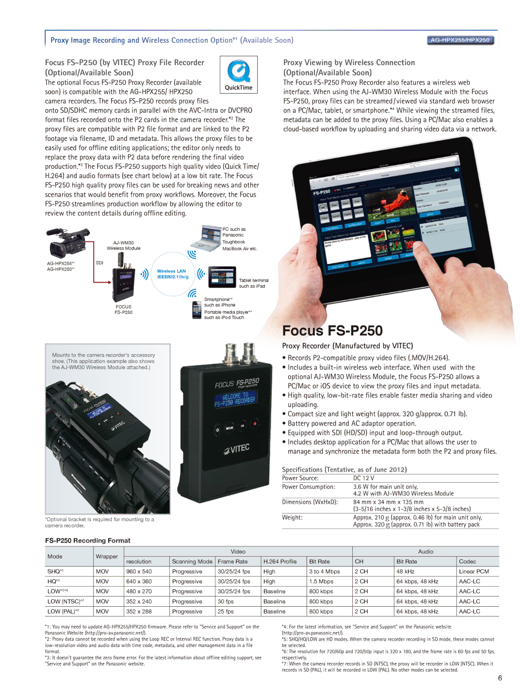 Panasonic AG-HPX250 Proxy Recorder Manufactured by Vitec, Specifications Tentative, as of June, FS-P250 Recording Format 