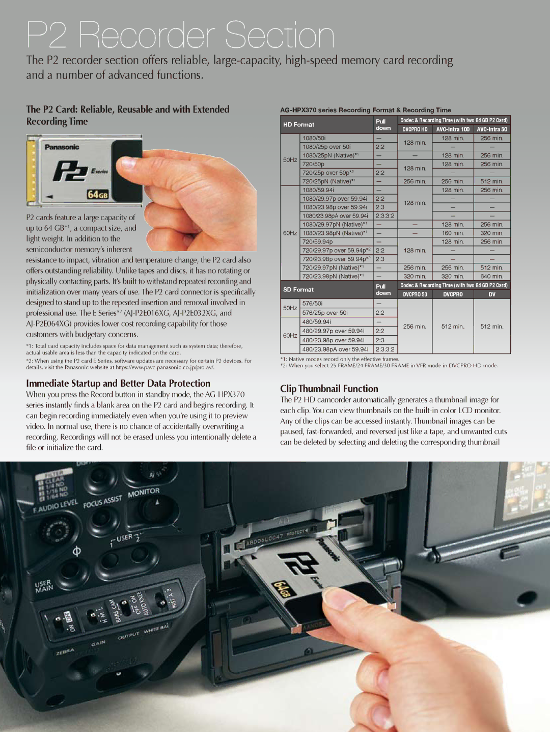 Panasonic AG-HPX370 manual P2 Recorder Section, P2 Card Reliable, Reusable and with Extended Recording Time 