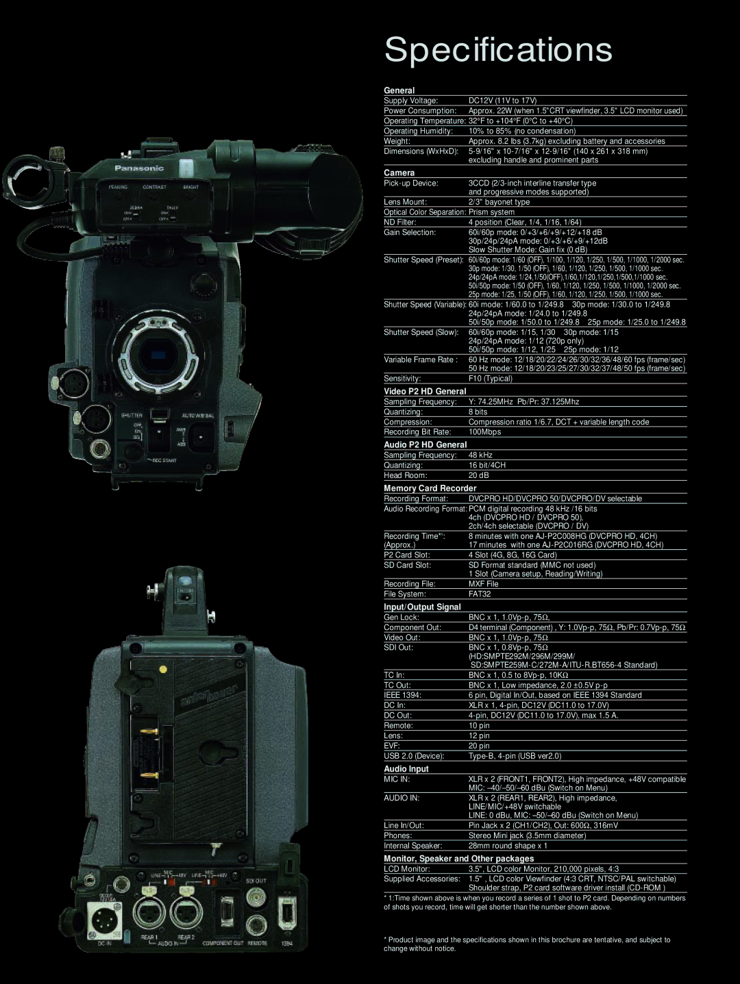 Panasonic AG-HPX500 manual Specifications, General 