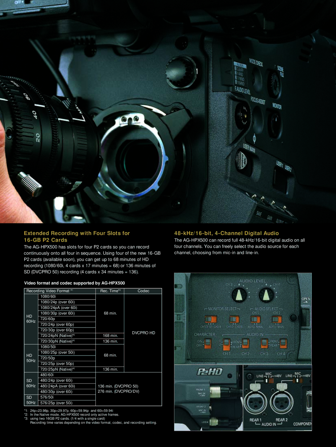 Panasonic AG-HPX500 manual Extended Recording with Four Slots for 16-GB P2 Cards, 48-kHz/16-bit, 4-Channel Digital Audio 