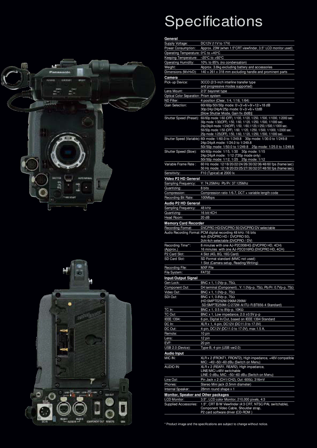 Panasonic AG-HPX502 manual Specifications 