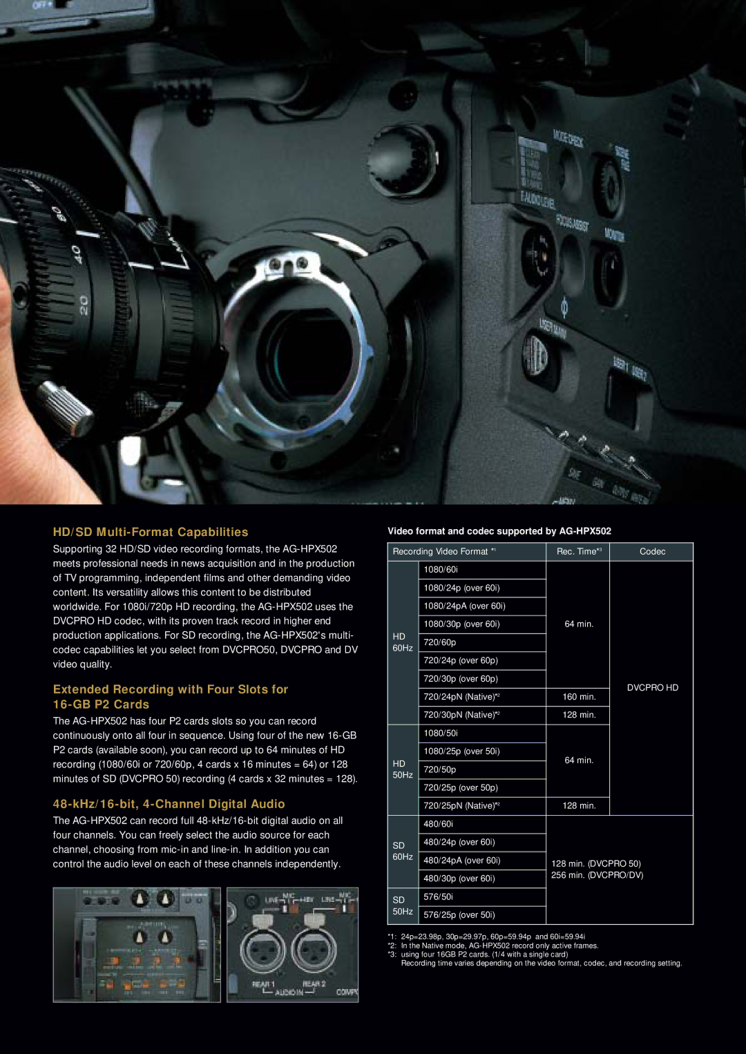 Panasonic AG-HPX502 manual HD/SD Multi-Format Capabilities, Extended Recording with Four Slots for 16-GB P2 Cards 