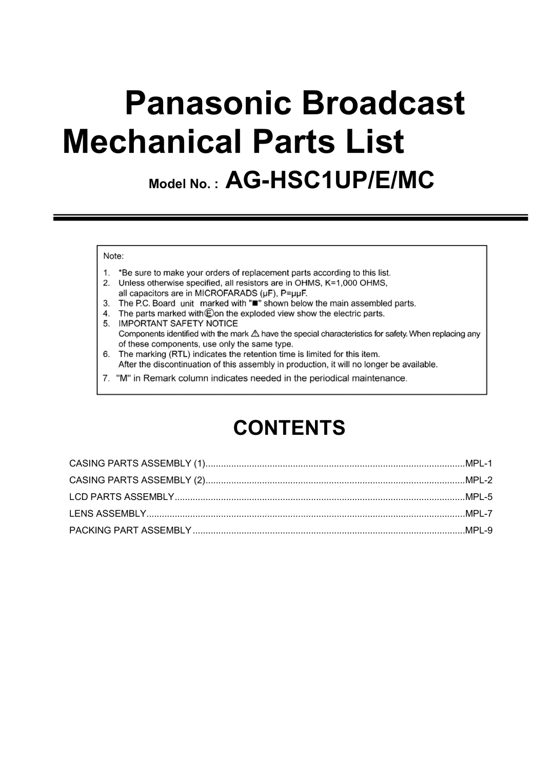 Panasonic AG-HSC1UE, AG-HSC1UMC manual Panasonic Broadcast Mechanical Parts List 