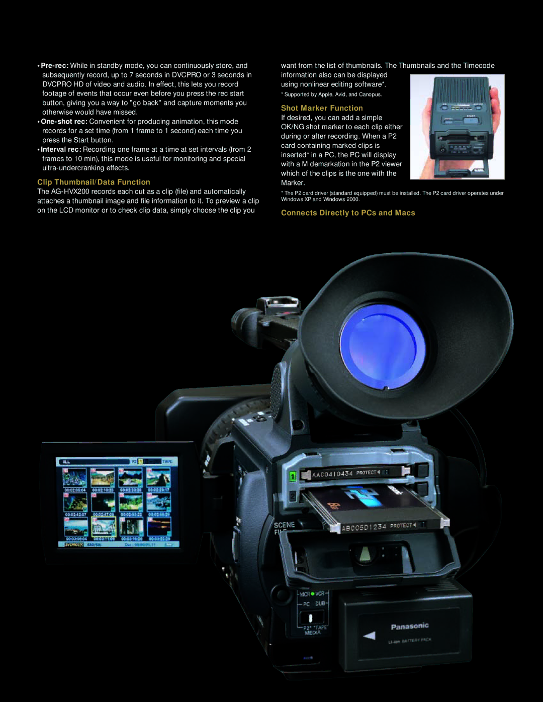 Panasonic AG-HVX200 manual Clip Thumbnail/Data Function, Shot Marker Function, Connects Directly to PCs and Macs 