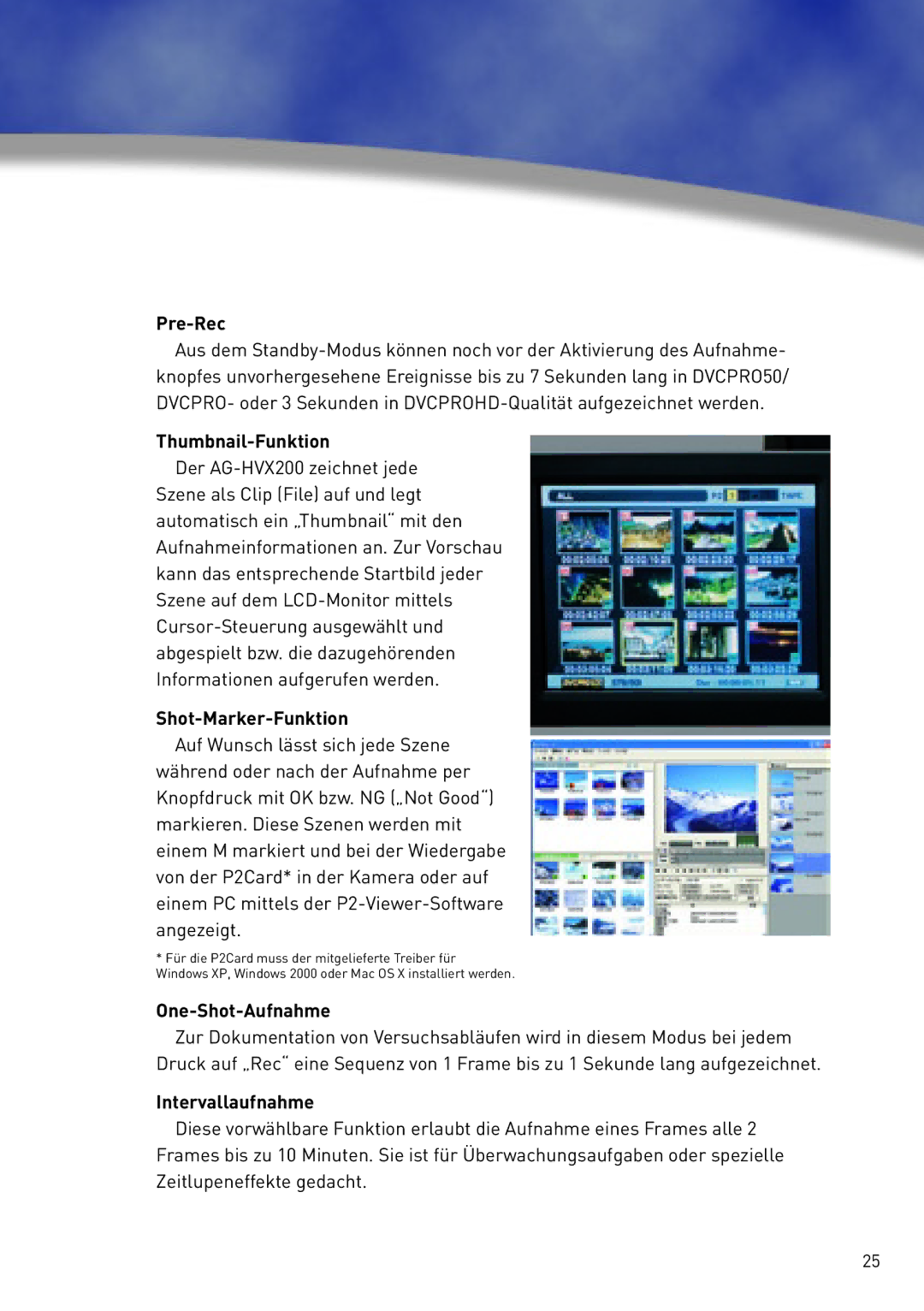 Panasonic AG-HVX200 manual Pre-Rec, Thumbnail-Funktion, Shot-Marker-Funktion, One-Shot-Aufnahme, Intervallaufnahme 