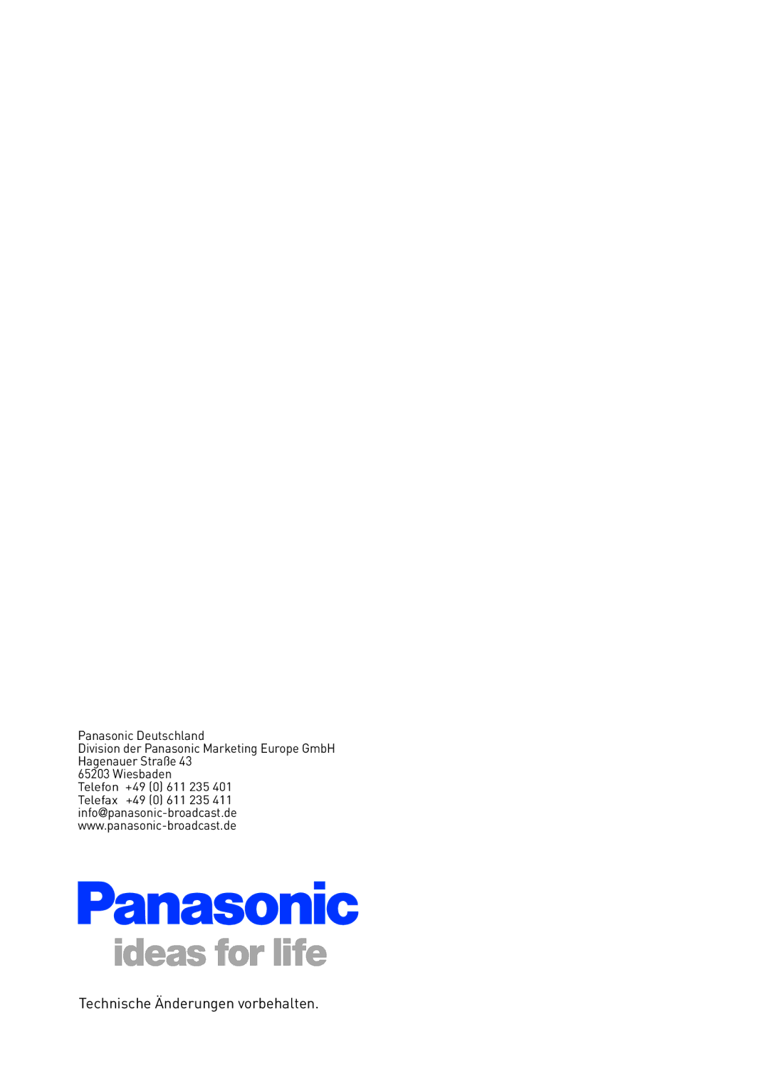 Panasonic AG-HVX200 manual Technische Änderungen vorbehalten 