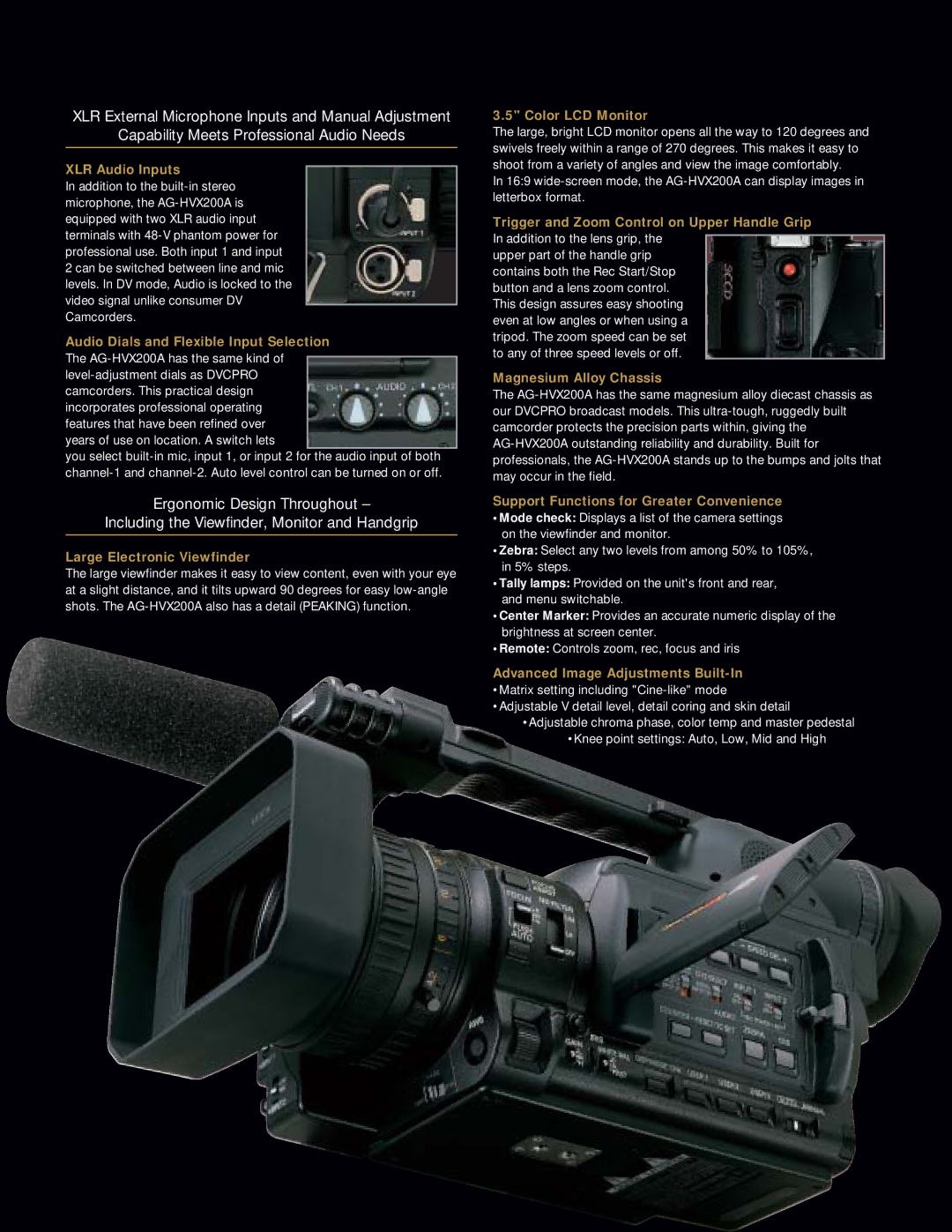 Panasonic AG-HVX200A manual XLR Audio Inputs, Audio Dials and Flexible Input Selection, Large Electronic Viewfinder 