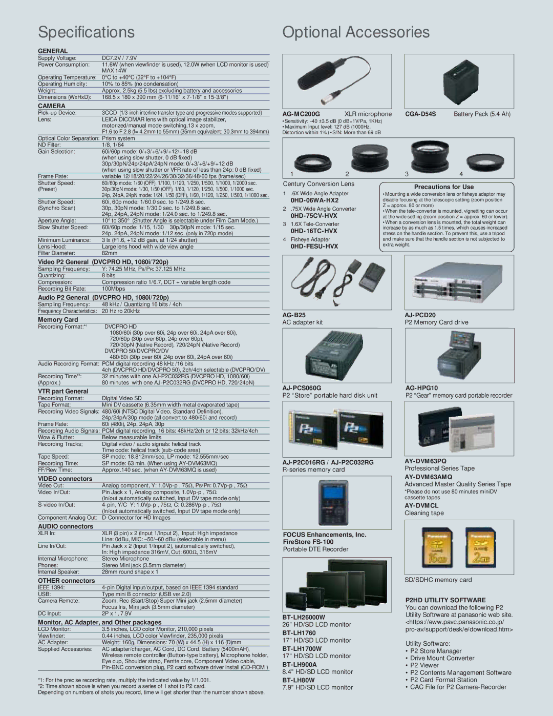 Panasonic AG-HVX200A manual Specifications 