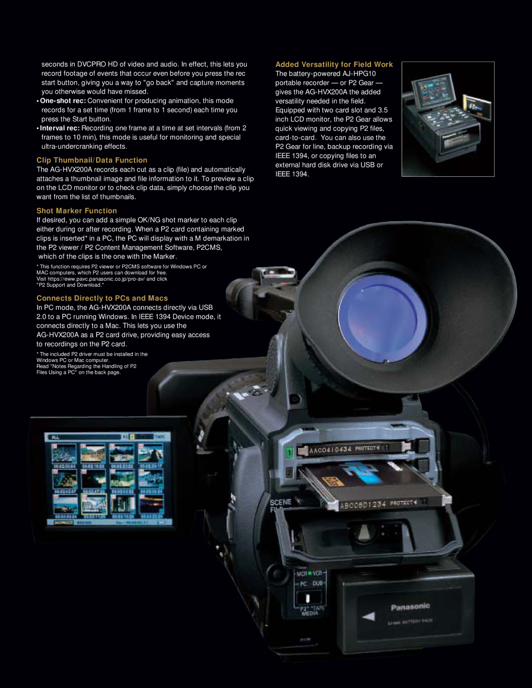 Panasonic AG-HVX200A manual Clip Thumbnail/Data Function, Shot Marker Function, Connects Directly to PCs and Macs 