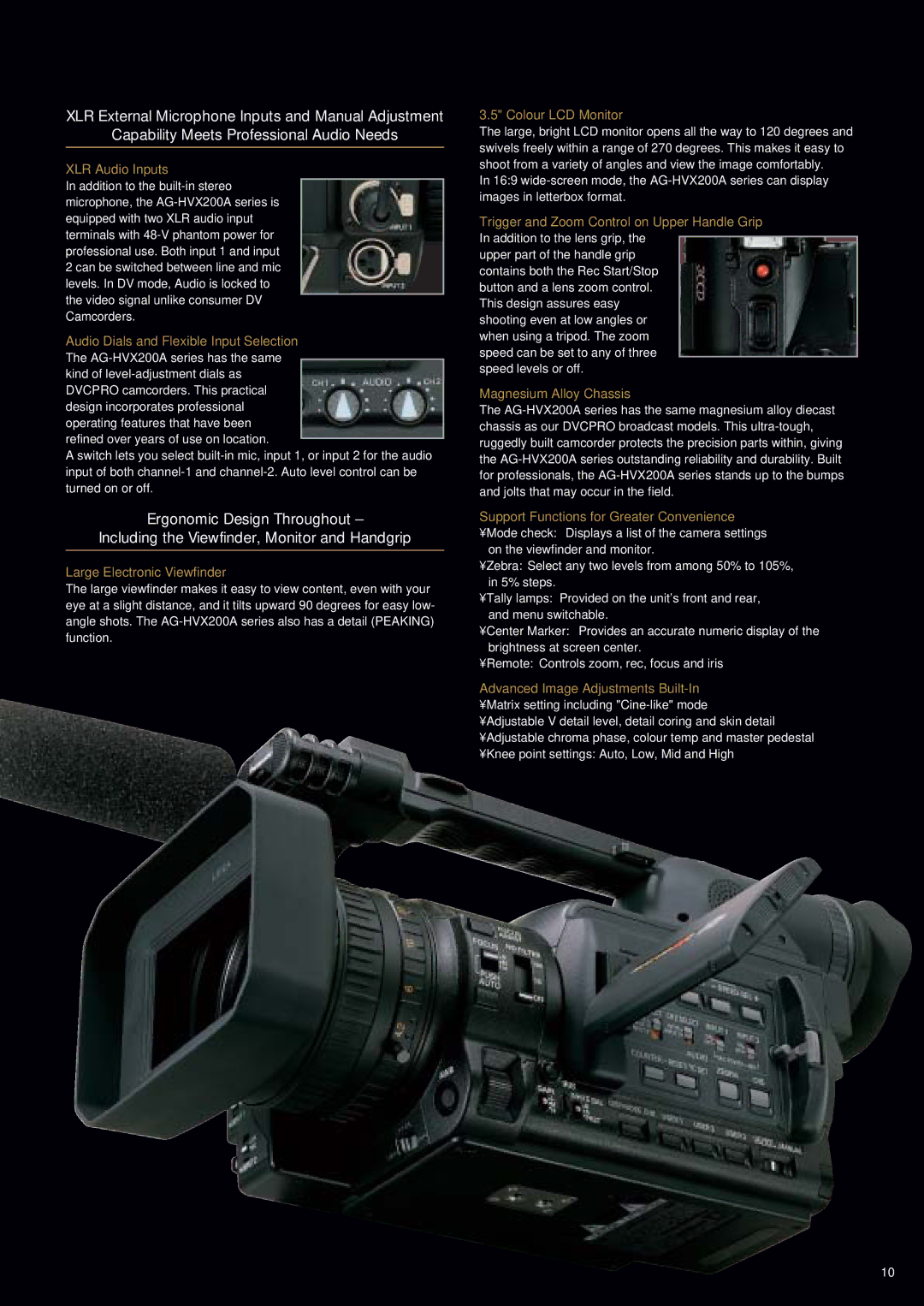 Panasonic AG-HVX200A manual XLR Audio Inputs, Audio Dials and Flexible Input Selection, Large Electronic Viewfinder 