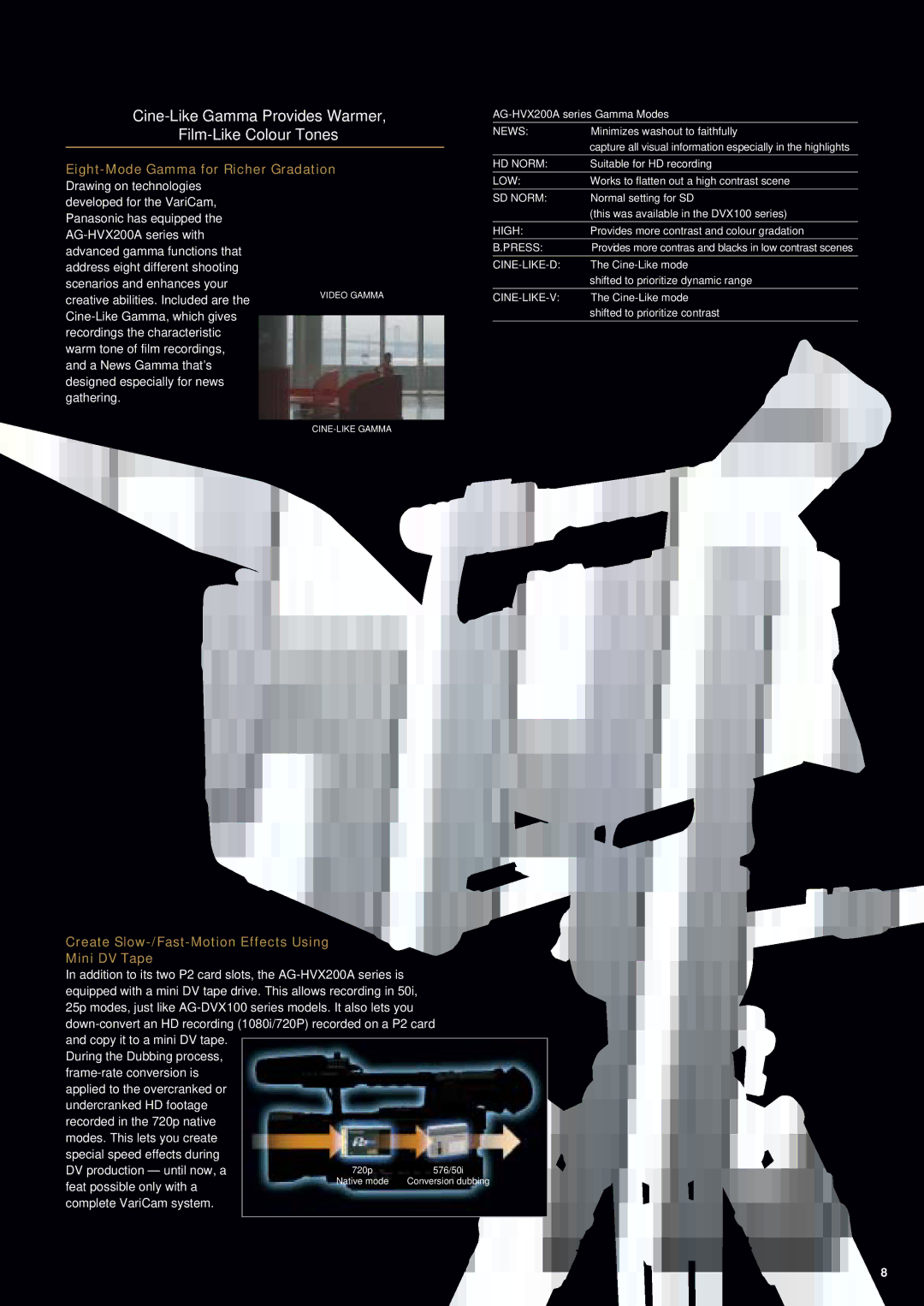 Panasonic AG-HVX200A manual Cine-Like Gamma Provides Warmer Film-Like Colour Tones, Eight-Mode Gamma for Richer Gradation 