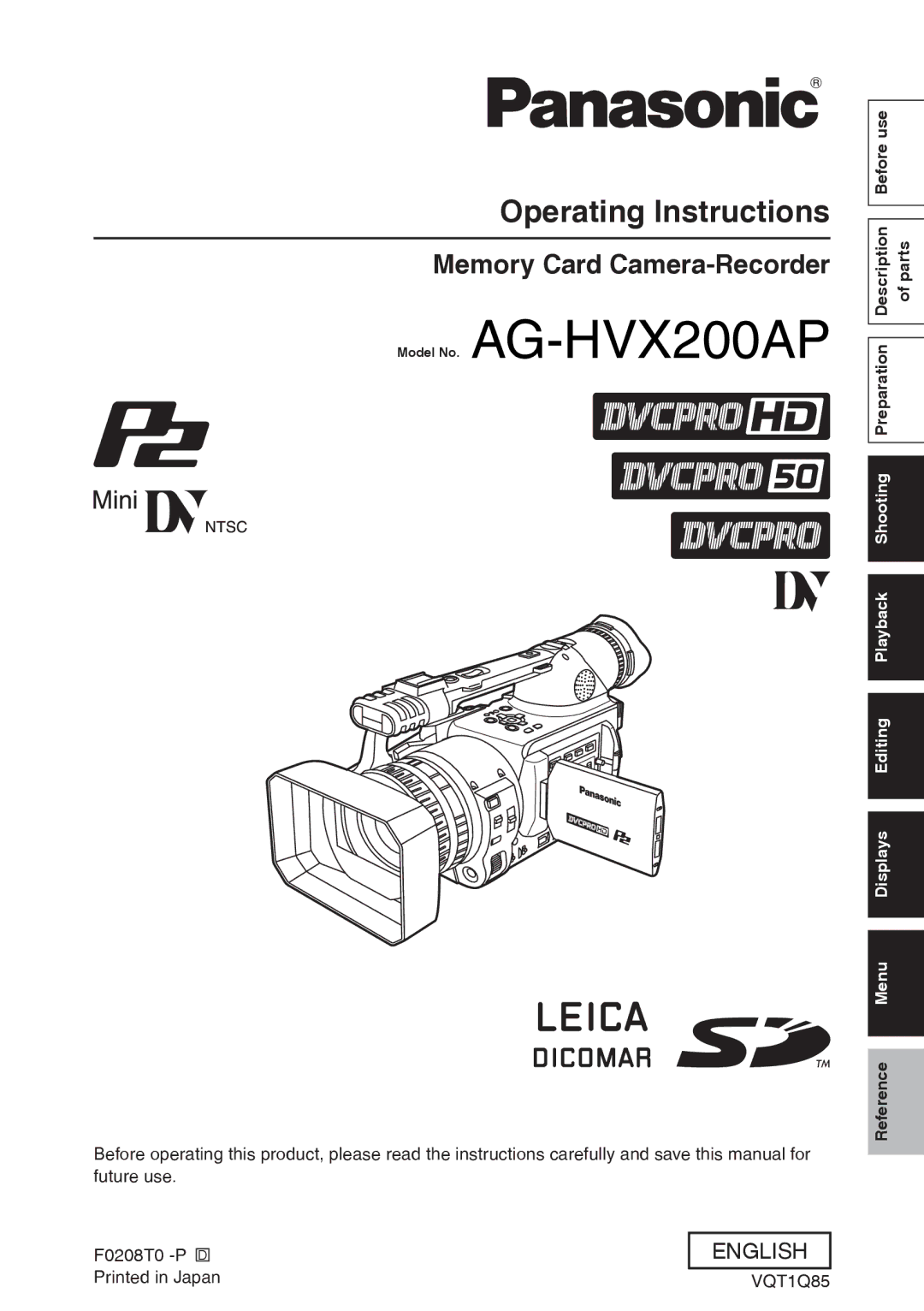 Panasonic operating instructions Model No. AG-HVX200AP, Operating Instructions 