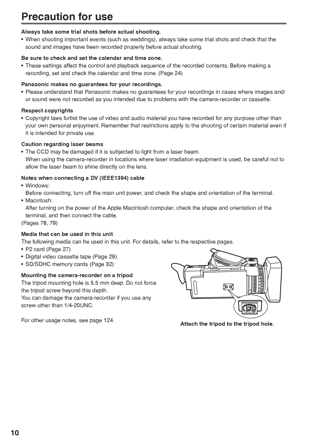 Panasonic AG-HVX200AP operating instructions Precaution for use 