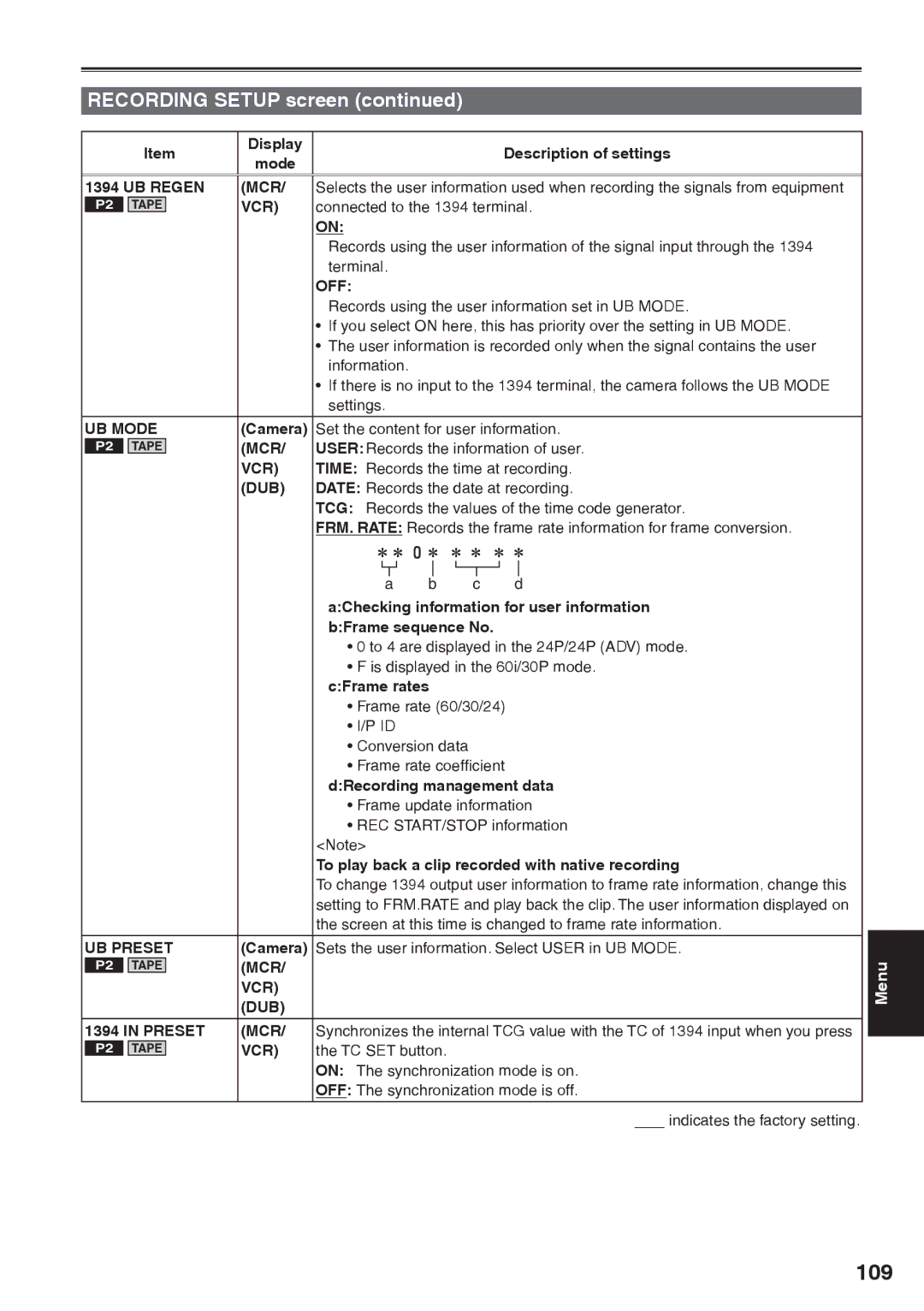 Panasonic AG-HVX200AP operating instructions 109, UB Regen MCR, UB Mode, MCR VCR DUB Preset 