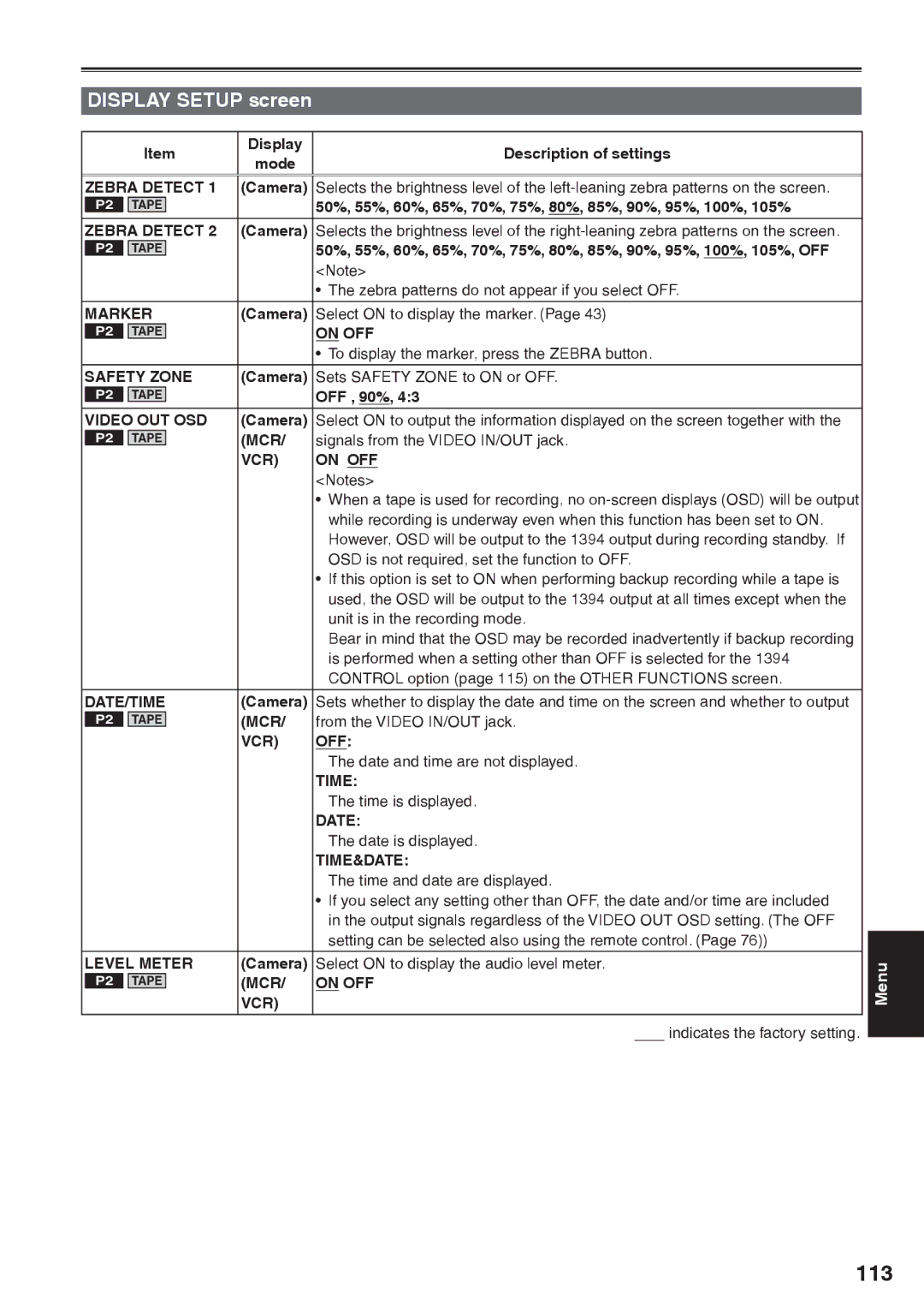 Panasonic AG-HVX200AP operating instructions 113, Display Setup screen 