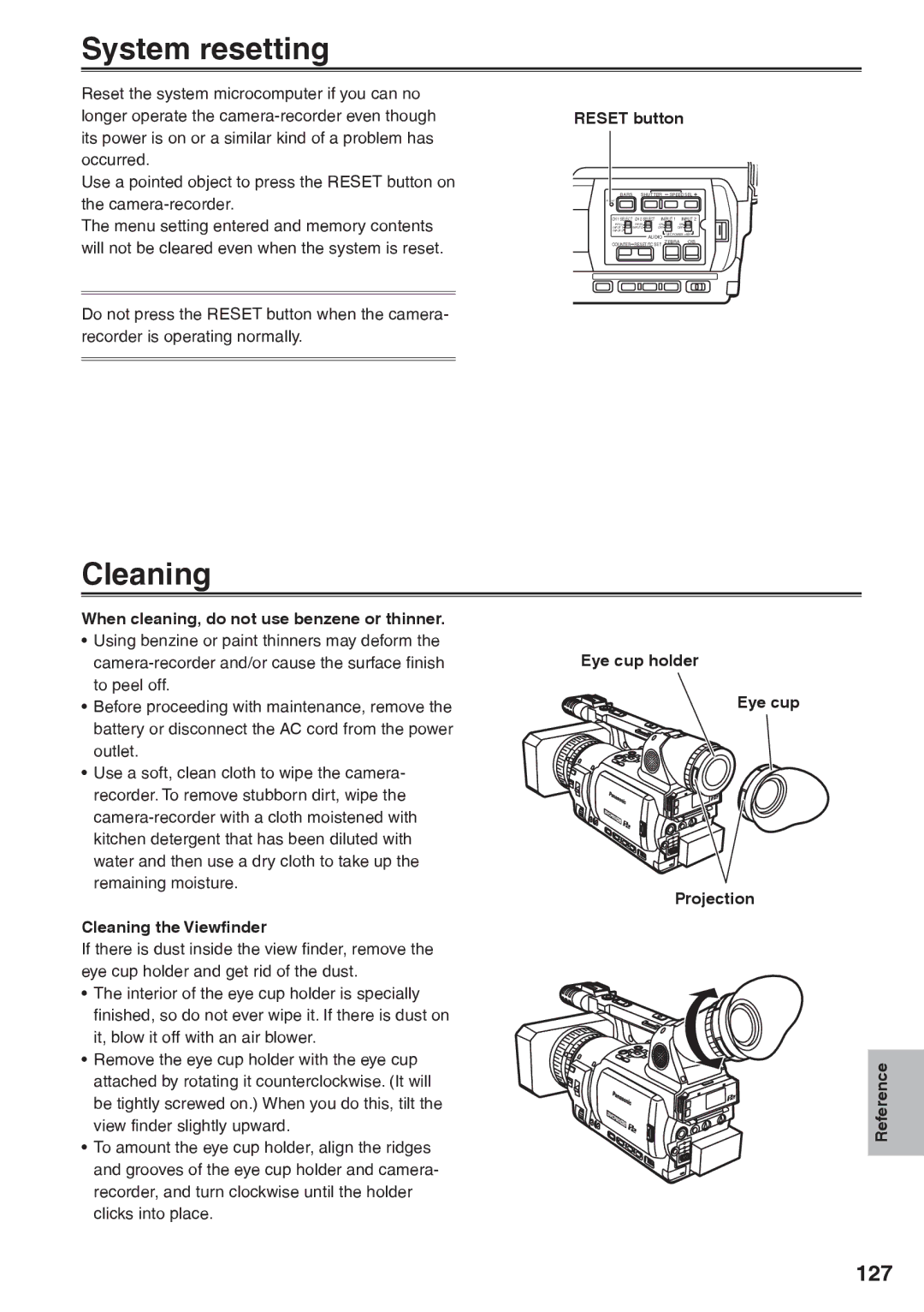 Panasonic AG-HVX200AP operating instructions System resetting, Cleaning, 127 