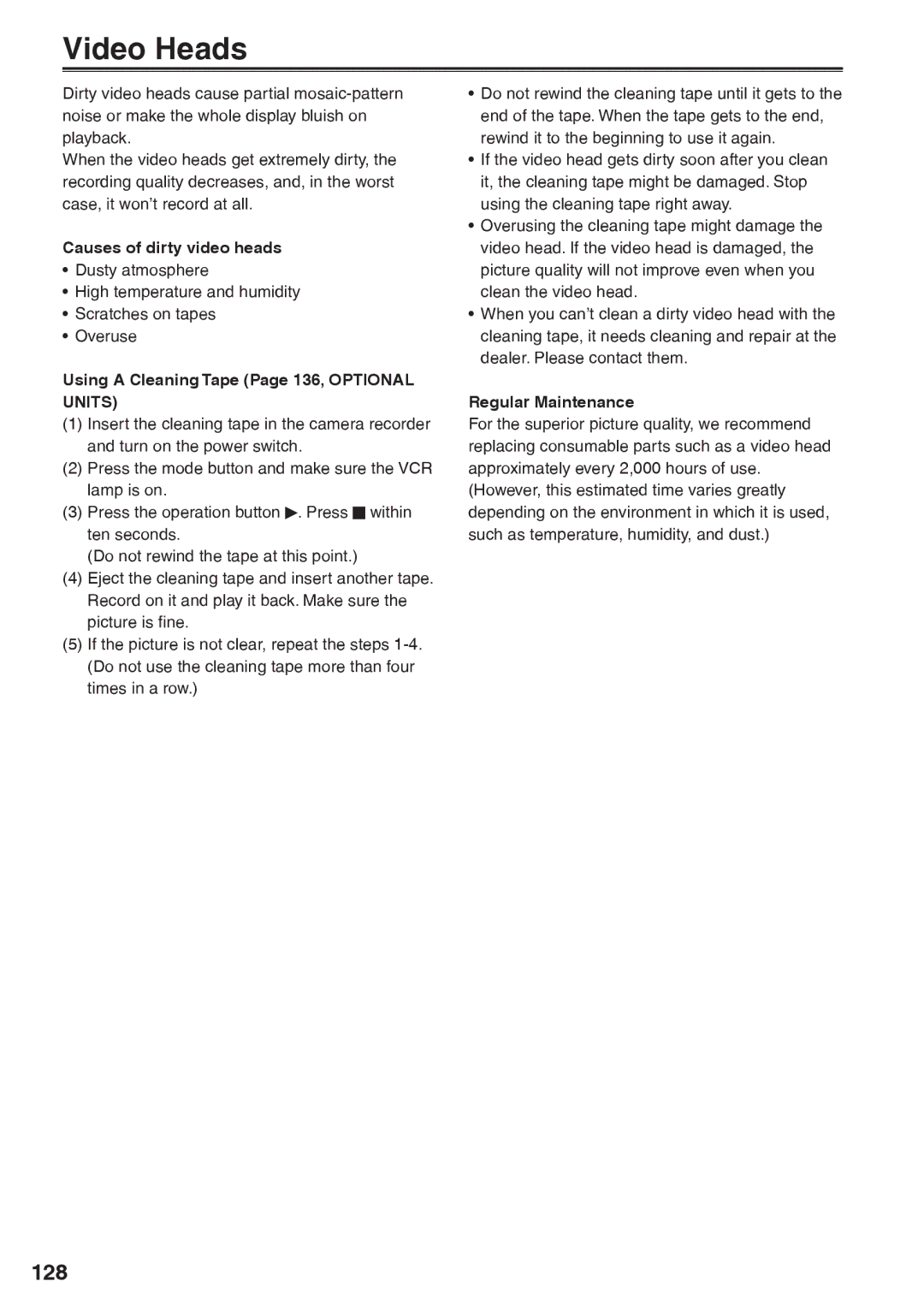 Panasonic AG-HVX200AP Video Heads, 128, Causes of dirty video heads, Using a Cleaning Tape Page 136, Optional Units 