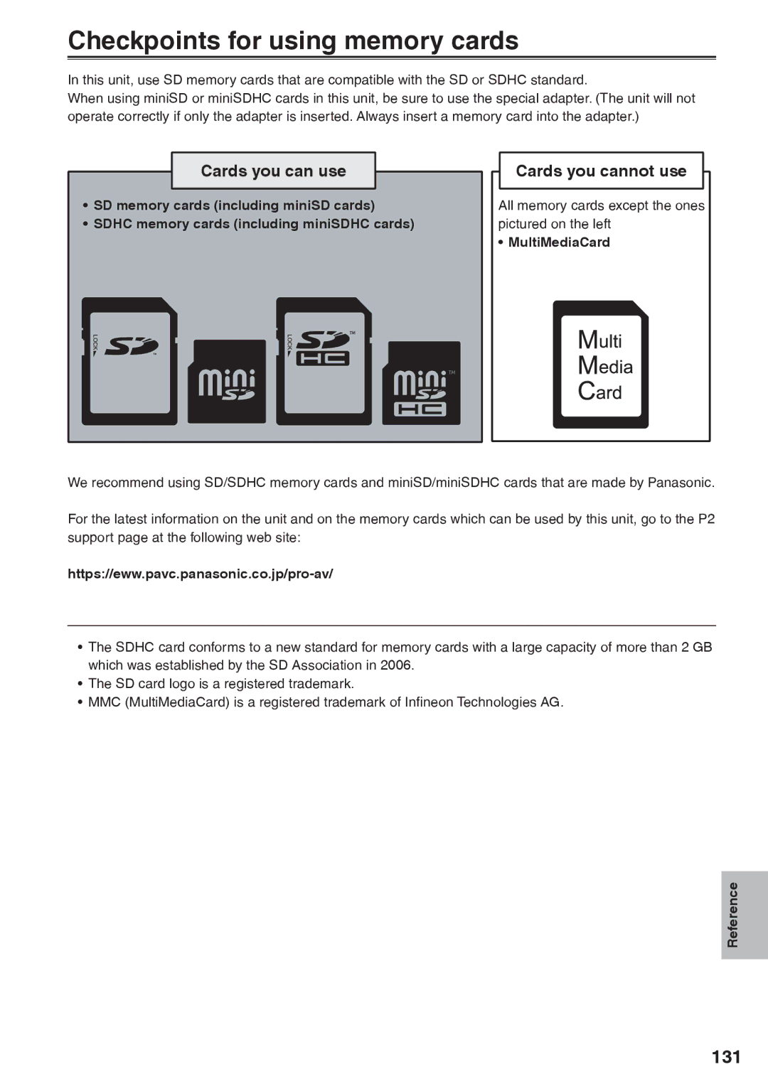 Panasonic AG-HVX200AP Checkpoints for using memory cards, 131, Cards you can use, Cards you cannot use, MultiMediaCard 