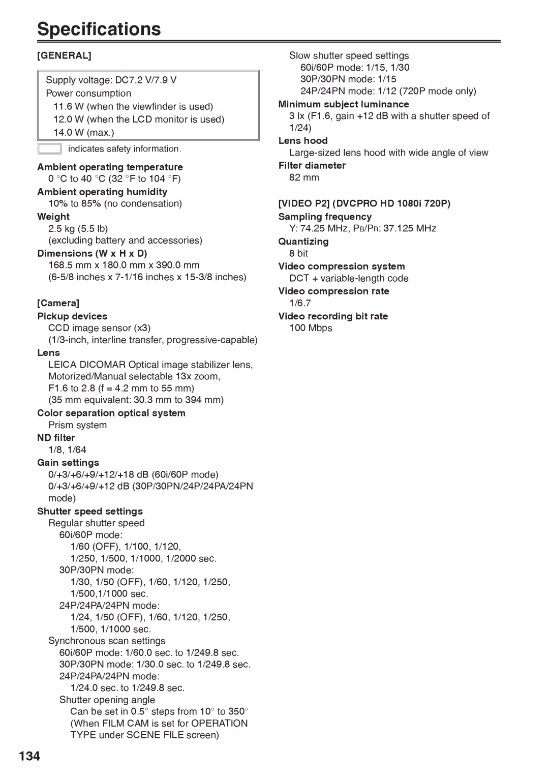 Panasonic AG-HVX200AP operating instructions Specifications, 134, General 