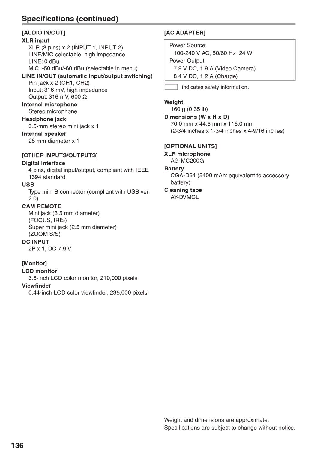 Panasonic AG-HVX200AP operating instructions Specifications, 136 