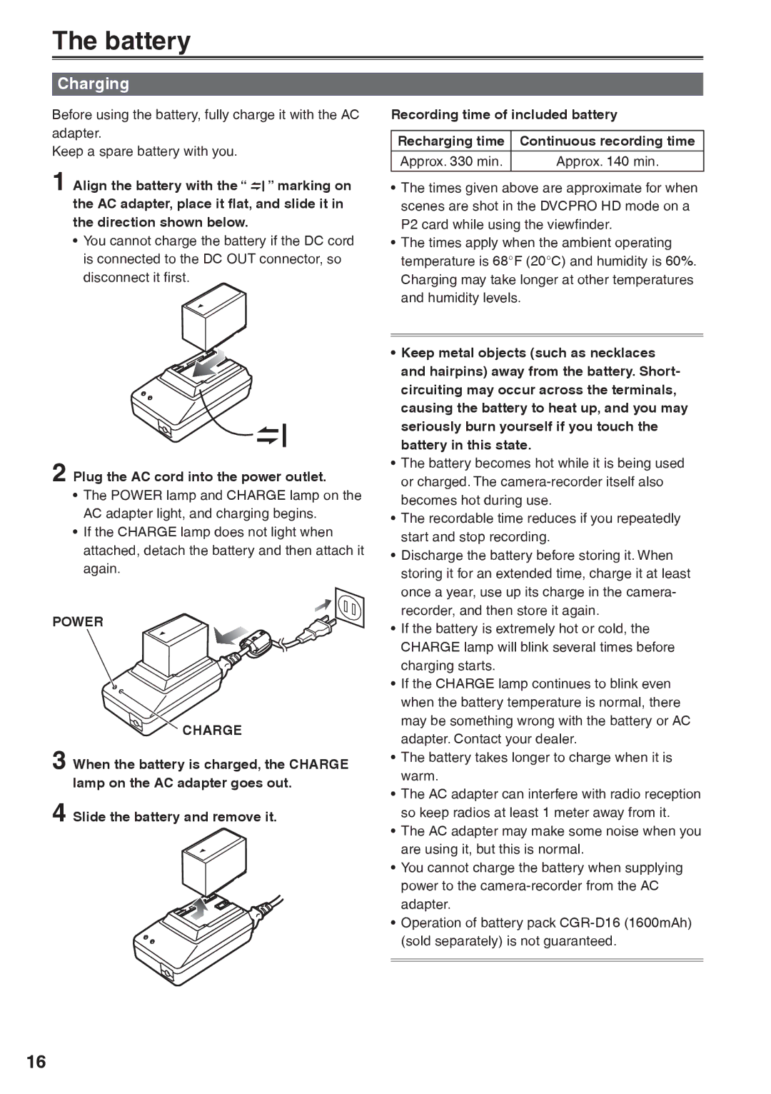 Panasonic AG-HVX200AP operating instructions Battery, Charging, Plug the AC cord into the power outlet, Power Charge 