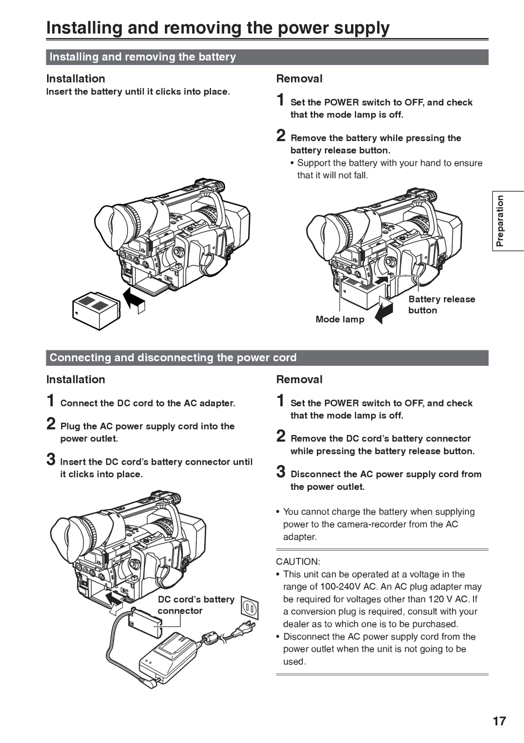 Panasonic AG-HVX200AP Installing and removing the power supply, Installing and removing the battery, Installation, Removal 