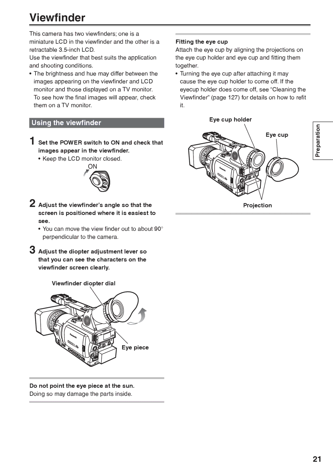 Panasonic AG-HVX200AP Viewfinder, Using the viewfinder, Keep the LCD monitor closed, Fitting the eye cup 