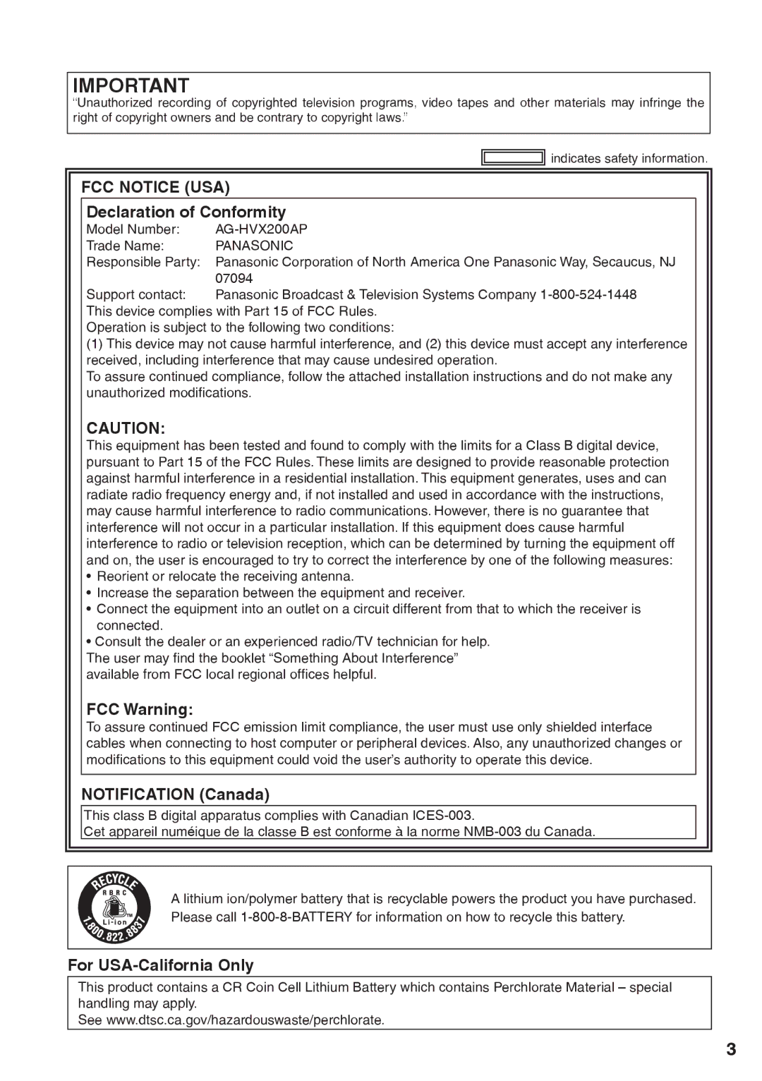 Panasonic AG-HVX200AP Declaration of Conformity, FCC Warning, Notification Canada, For USA-California Only 